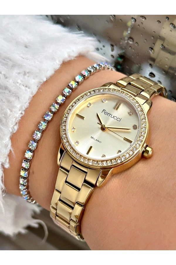 FERRUCCİ TAŞLI GOLD METAL KADIN KOL SAATİ