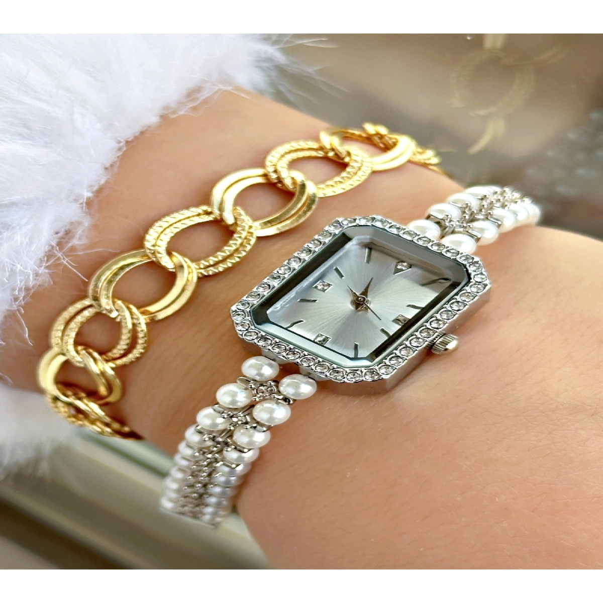 Lüks Tasarım Özel İnci Kare Vintage Modeli Metal Kordon Kadın Kol Saati-Bileklik Hediyeli