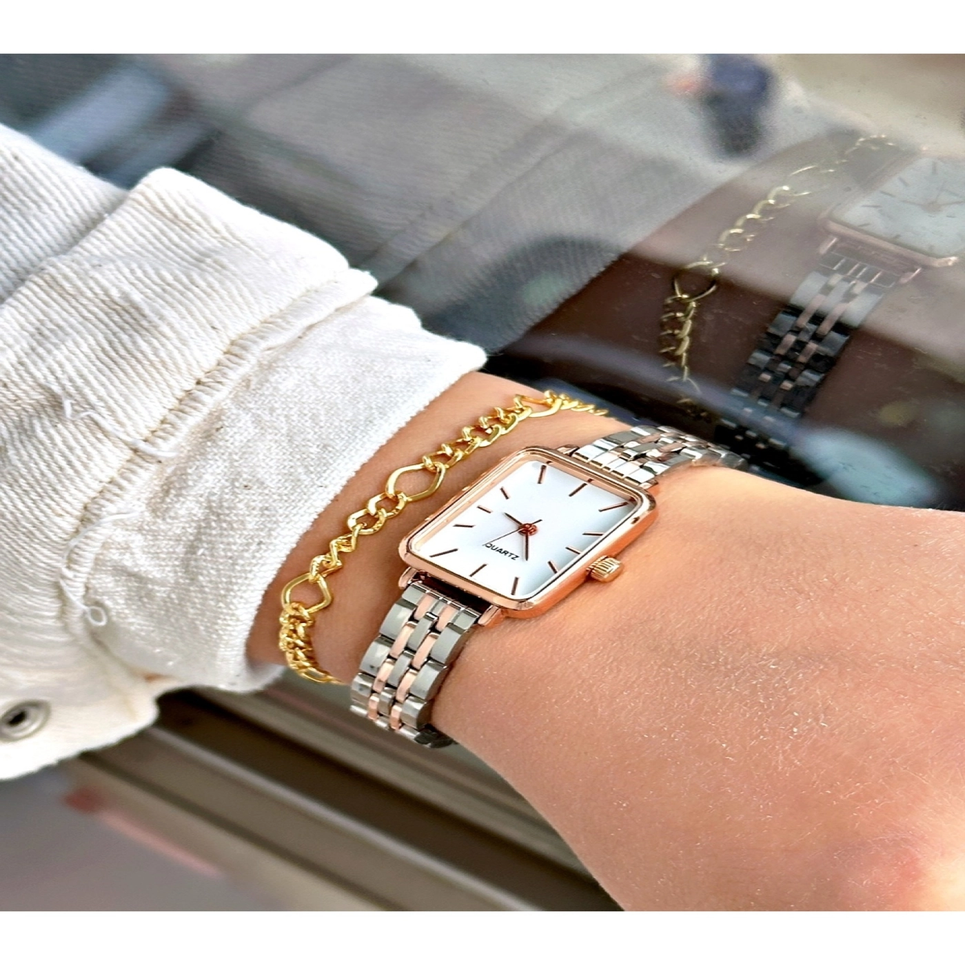 Limited Edition Metal Kordon Classic Tasarım Dikdörtgen Metal Kasa Kadın Kol Saati-Bileklik Hediyeli hover