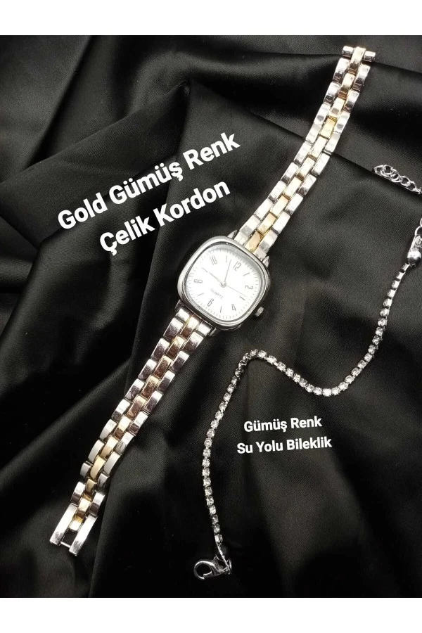 Vitoria Model Gold-Gümüş Renk Kordon Kadın Kol Saati BİLEKLİK HEDİYELİ bb0054