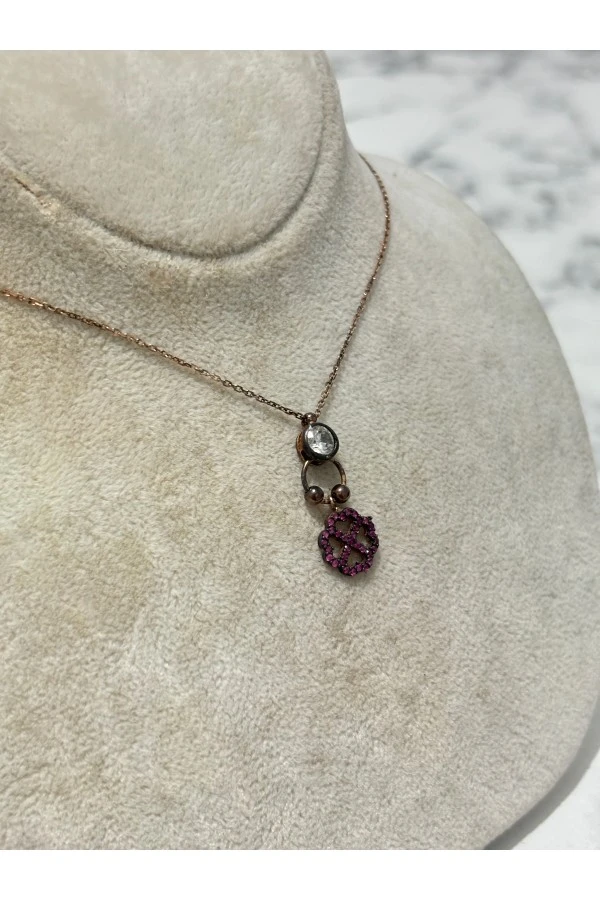 925 Ayar Gümüş  Rose Gold Taşlı Morlu Modeli Gümüş Kolye