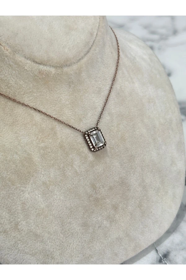 925 Ayar Gümüş Taşlı Rose Gold Baget Modeli Gümüş Kolye