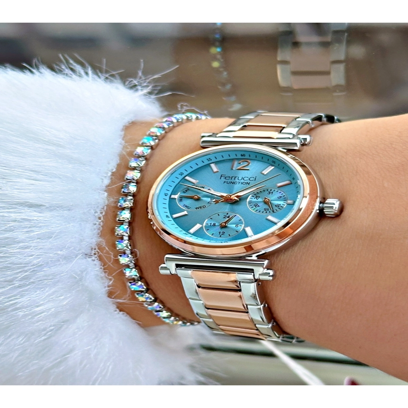 FUNCTION MAVİ KADRANLI ROSE GÜMÜŞ KADIN METAL KOL SAATİ hover
