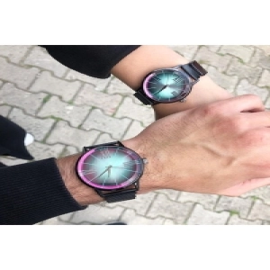 Çift Kol Saati Siyah Hasır Kordon Renkli Cam Sevgili Kadın Erkek Kol Saati