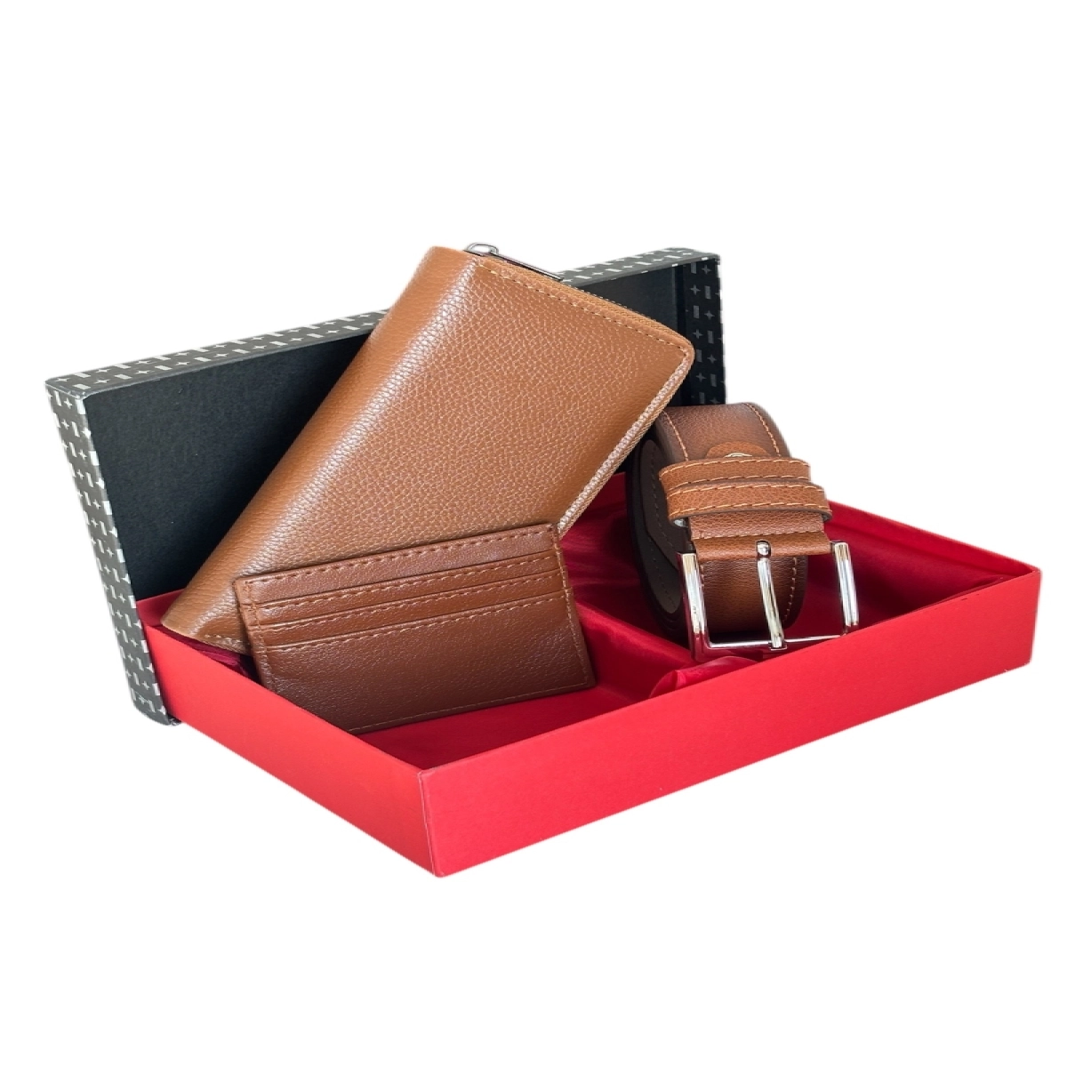 Premium Serisi Özel Kutulu Deri Dikey Fermuarlı Telefon Bölmeli Cüzdan Kemer ve Kartlık Erkek Seti