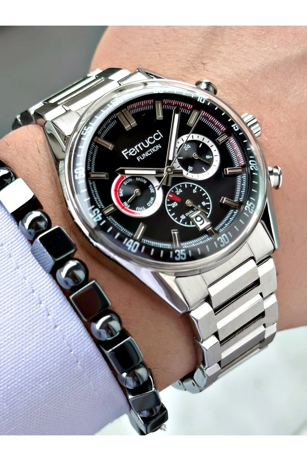 FERRUCCİ FUNCTION TAKVİMLİ SİYAH KADRANLI GÜMÜŞ METAL ERKEK KOL SAATİ