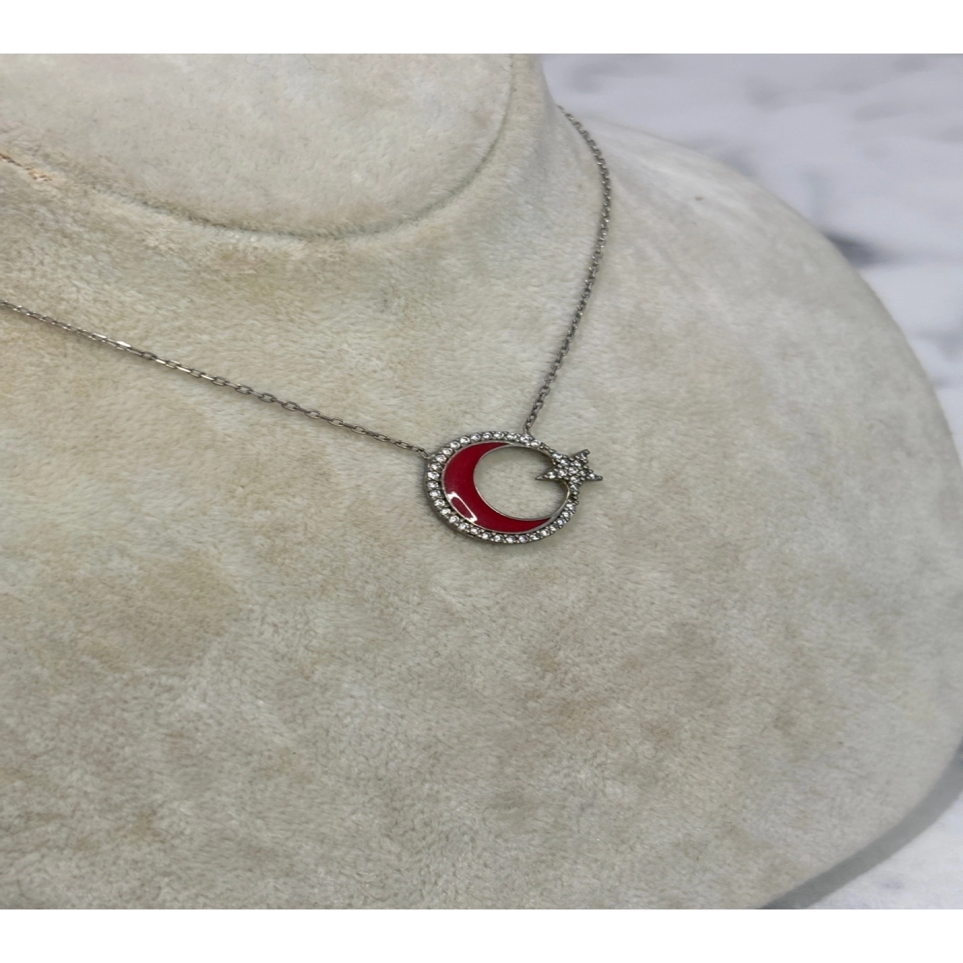 925 Ayar Gümüş Taşlı Ay Yıldız Modeli Gümüş Kolye