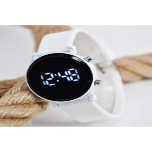 Silikon Kordonlu Beyaz Yuvarlak Kasa Şık Led Genç Kol Saati Su-107