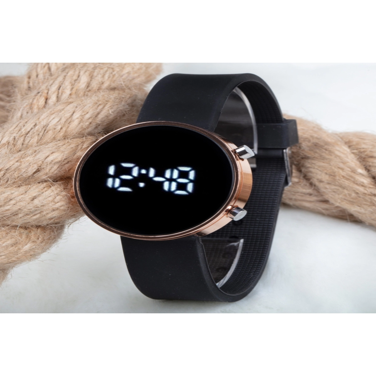 Dijital Led Watch Bakır Yuvarlak Kasa Siyah Silikon Kordon Unisex Kol Saat ST-303562