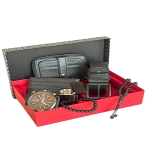 Özel Kutulu Vegan Deri Yatay Fermuarlı Cüzdan Kemer Kartlık Çakmak Bileklik Tesbih Ve Saat Erkek Set