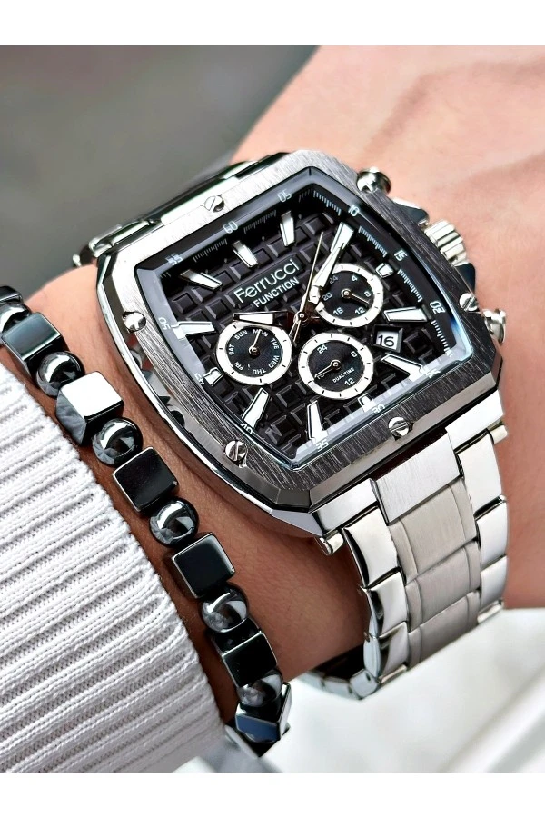 FERRUCCİ FUNCTION SİYAH KADRANLI KARE GRİ METAL ERKEK KOL SAATİ