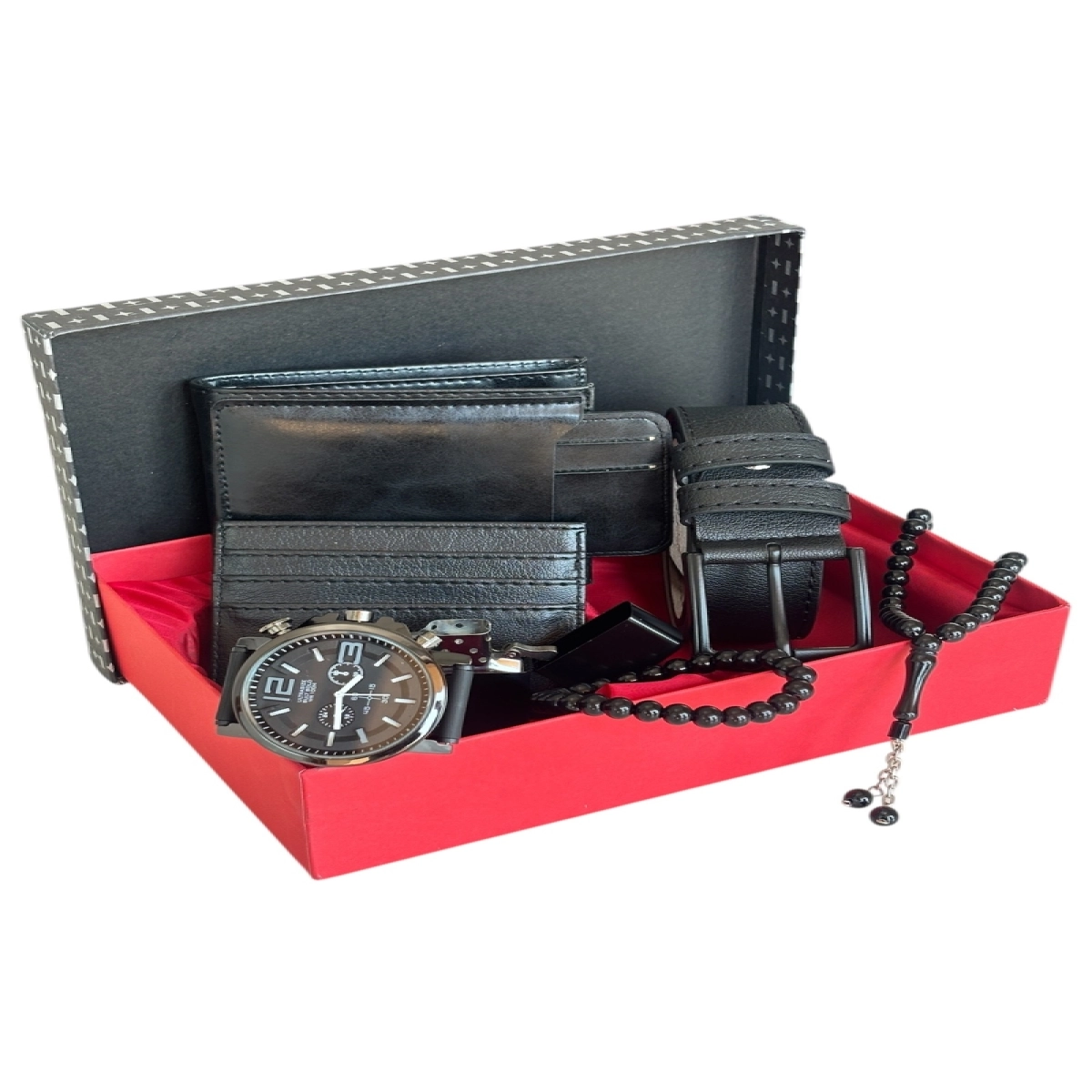 Özel Kutulu Vegan Deri Yatay Crazy Cüzdan Kemer Kartlık Çakmak Bileklik Tesbih Ve Saat Erkek Seti