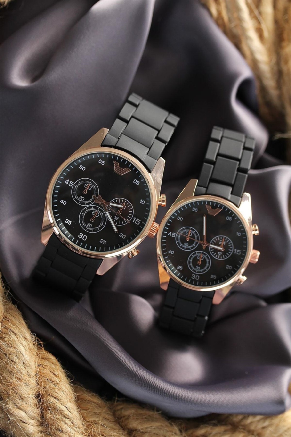 Siyah Renk Silikon Kordonlu Rose Kasa Sevgili Saat Kombini