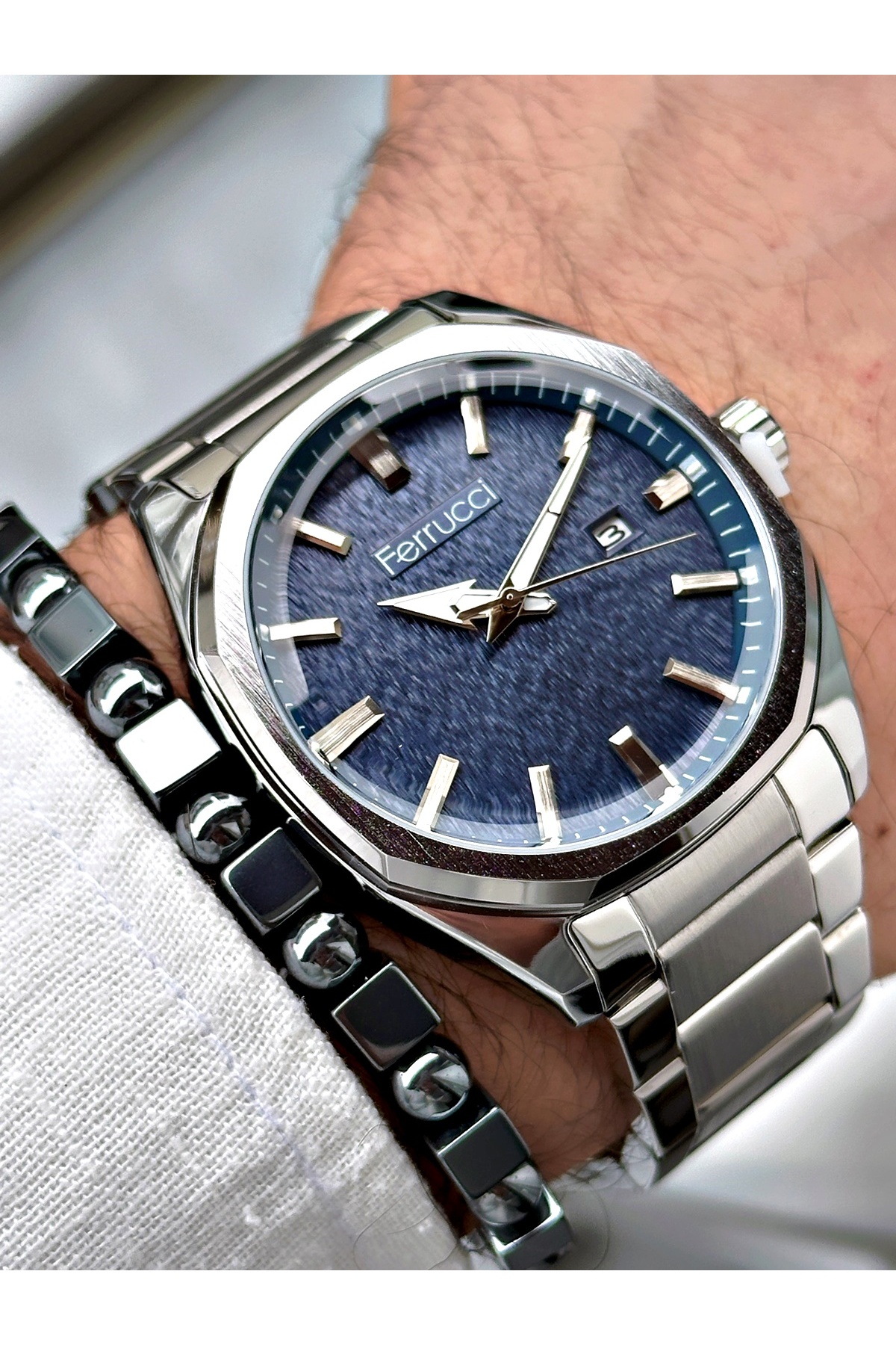 Gümüş Renk Çelik Kasa Erkek Kol Saati + Bileklik Hediyeli