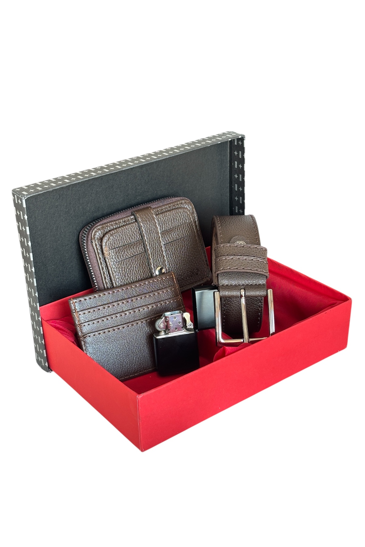 Premium Serisi Özel Kutulu Lüks Deri Yatay Fermuarlı Spor Cüzdan Kemer Kartlık Ve Çakmak Erkek Seti