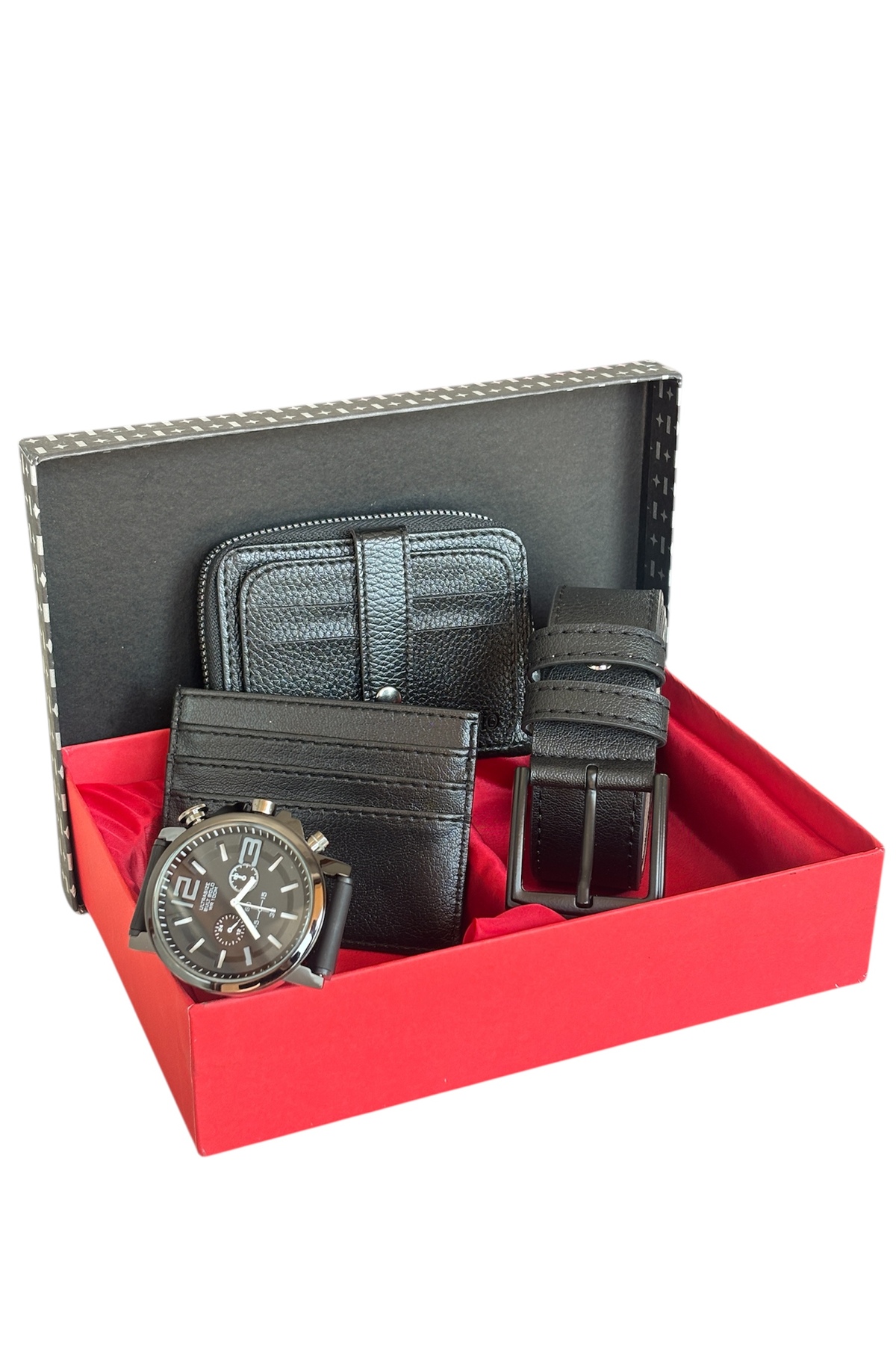 Premium Serisi Özel Kutulu Lüks Deri Yatay Fermuarlı Spor Cüzdan Kemer Kartlık Ve Saat Erkek Seti