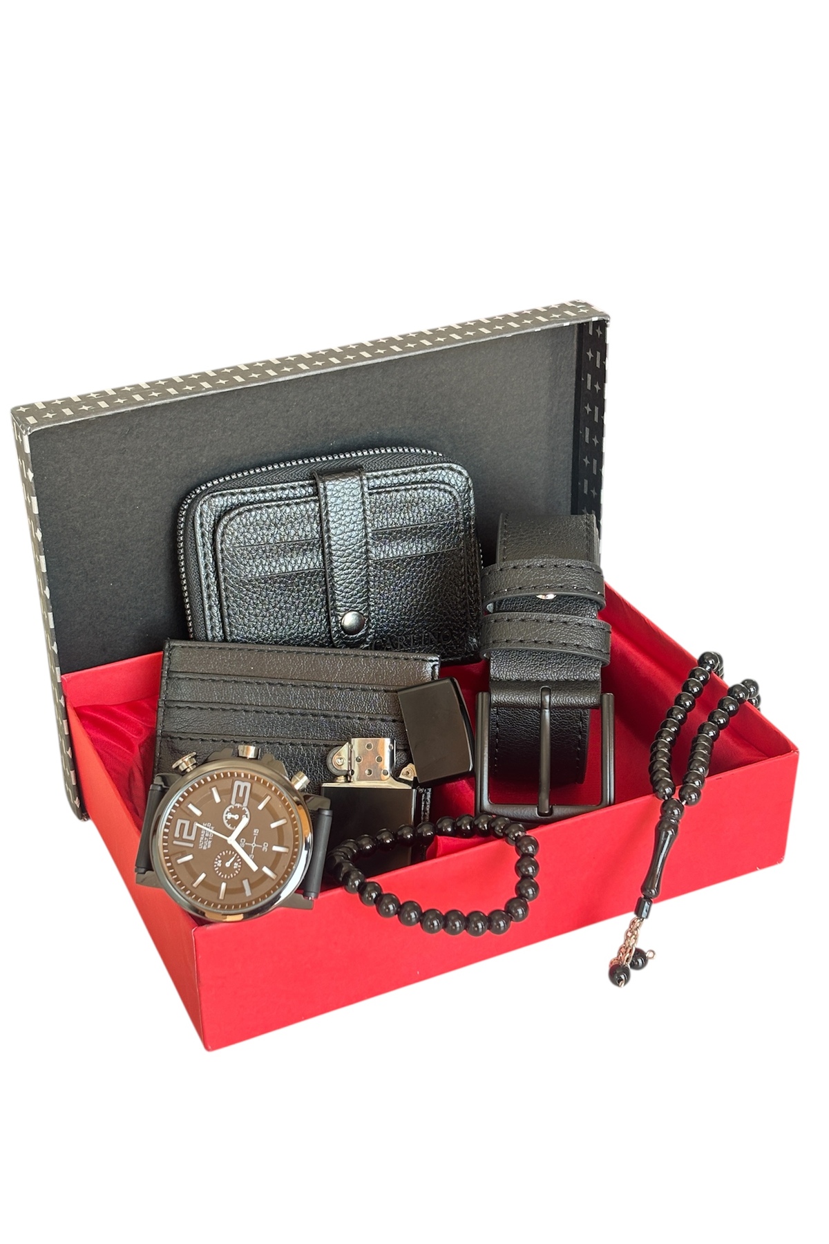 Özel Kutulu Vegan Deri Yatay Fermuarlı Cüzdan Kemer Kartlık Çakmak Bileklik Tesbih Ve Saat Erkek Set