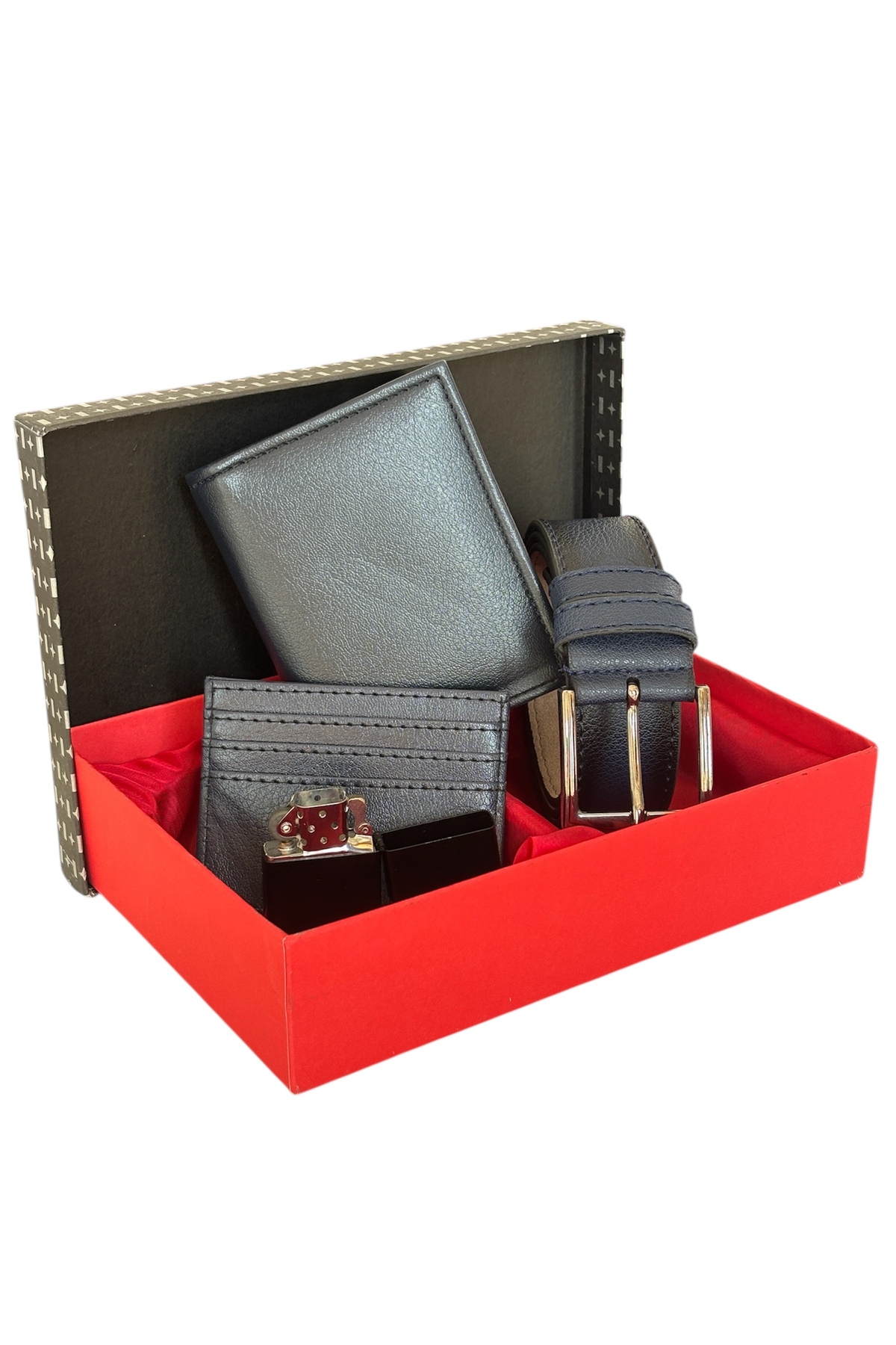 Premium Serisi Özel Kutulu Lüks Deri Klasik Dikey Cüzdan Kemer Kartlık Ve Çakmak Erkek Seti