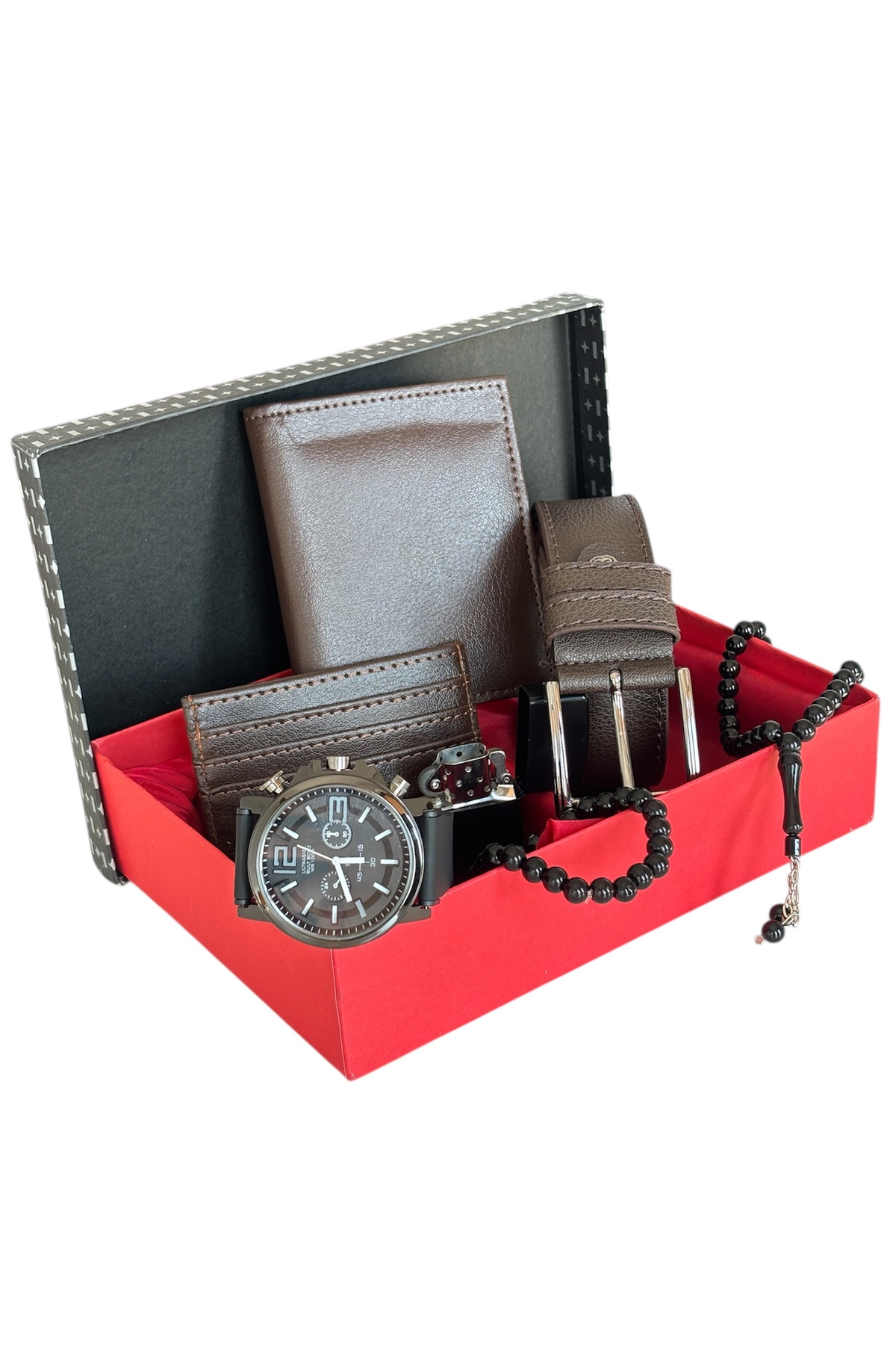 Özel Kutulu Vegan Deri Dikey Klasik Cüzdan Kemer Kartlık Çakmak Bileklik Tesbih Ve Saat Erkek Seti