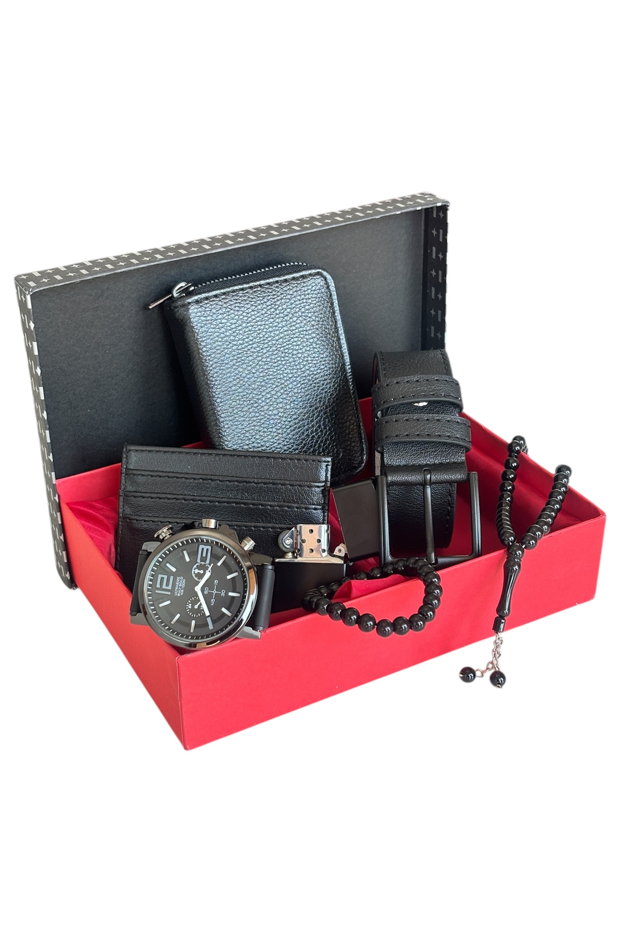 Özel Kutulu Vegan Deri Dikey Fermuarlı Cüzdan Kemer Kartlık Çakmak Bileklik Tesbih Ve Saat Erkek Set