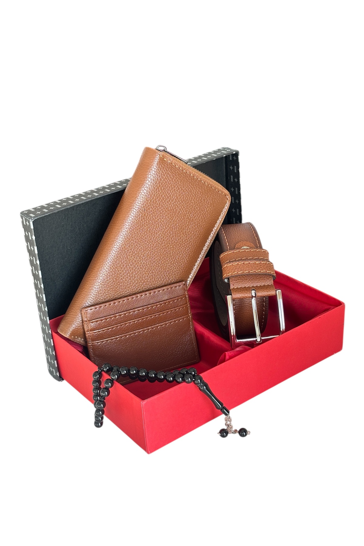 Premium Serisi Lüks Deri Dikey Fermuarlı Telefon Bölmeli Cüzdan Kemer Kartlık Ve Tesbih Erkek Seti