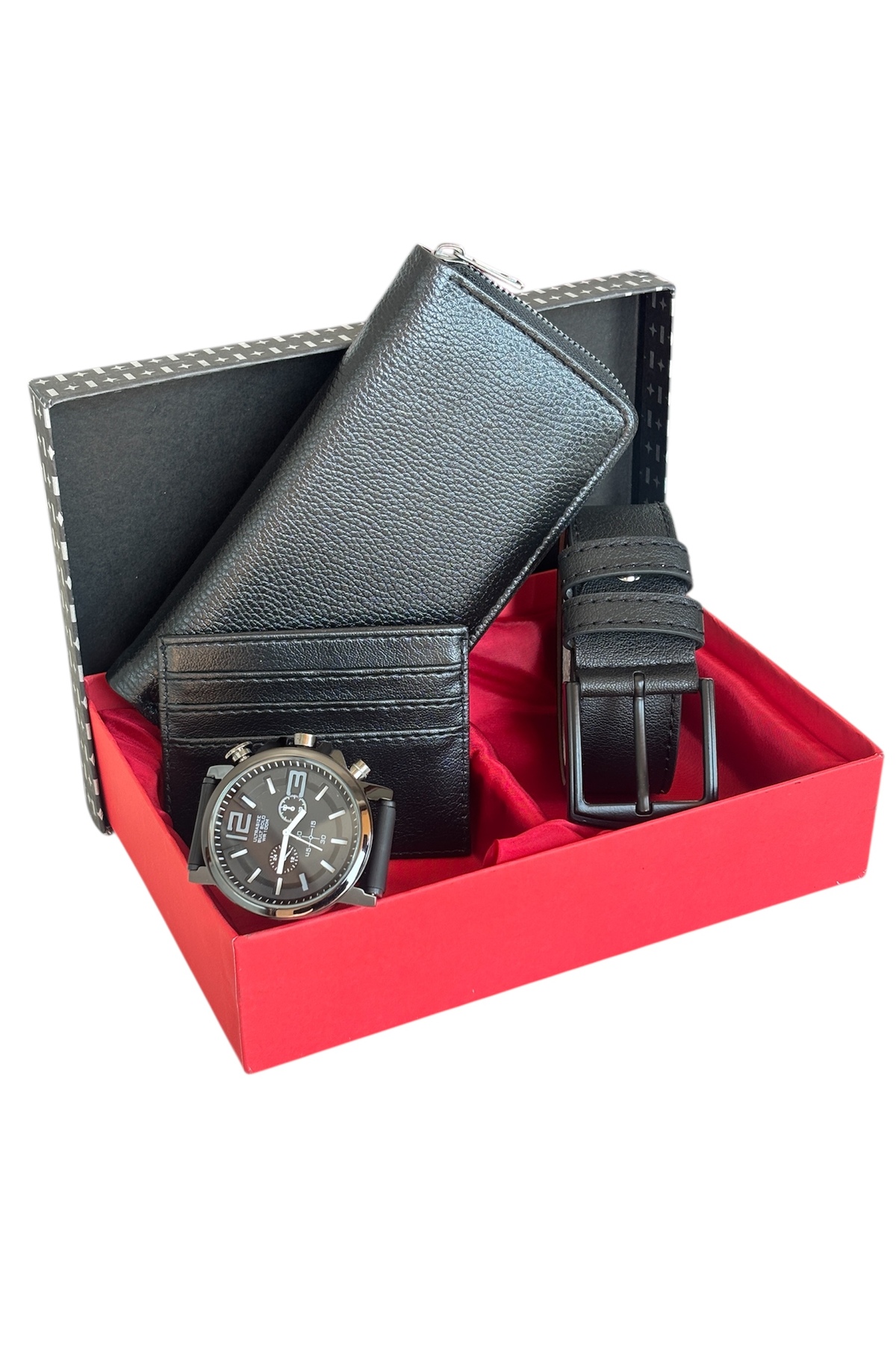 Premium Serisi Lüks Deri Dikey Fermuarlı Telefon Bölmeli Cüzdan Kemer Kartlık Ve Saat Erkek Seti