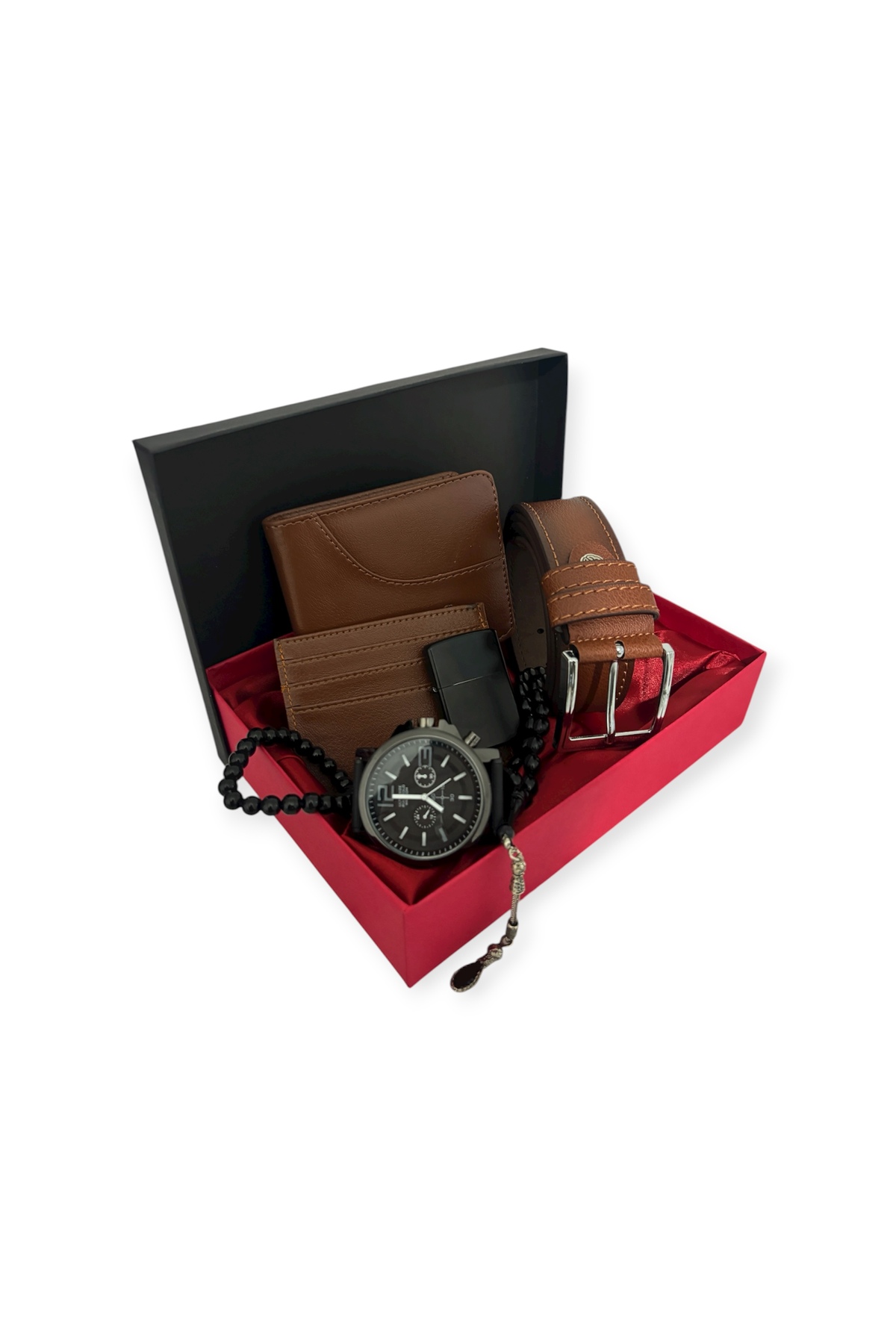 Özel Serisi Classic Çizgili Lüks Deri Yatay Cüzdan Kartlık Saat Bileklik Tesbih Çakmak Ve Kemer Seti