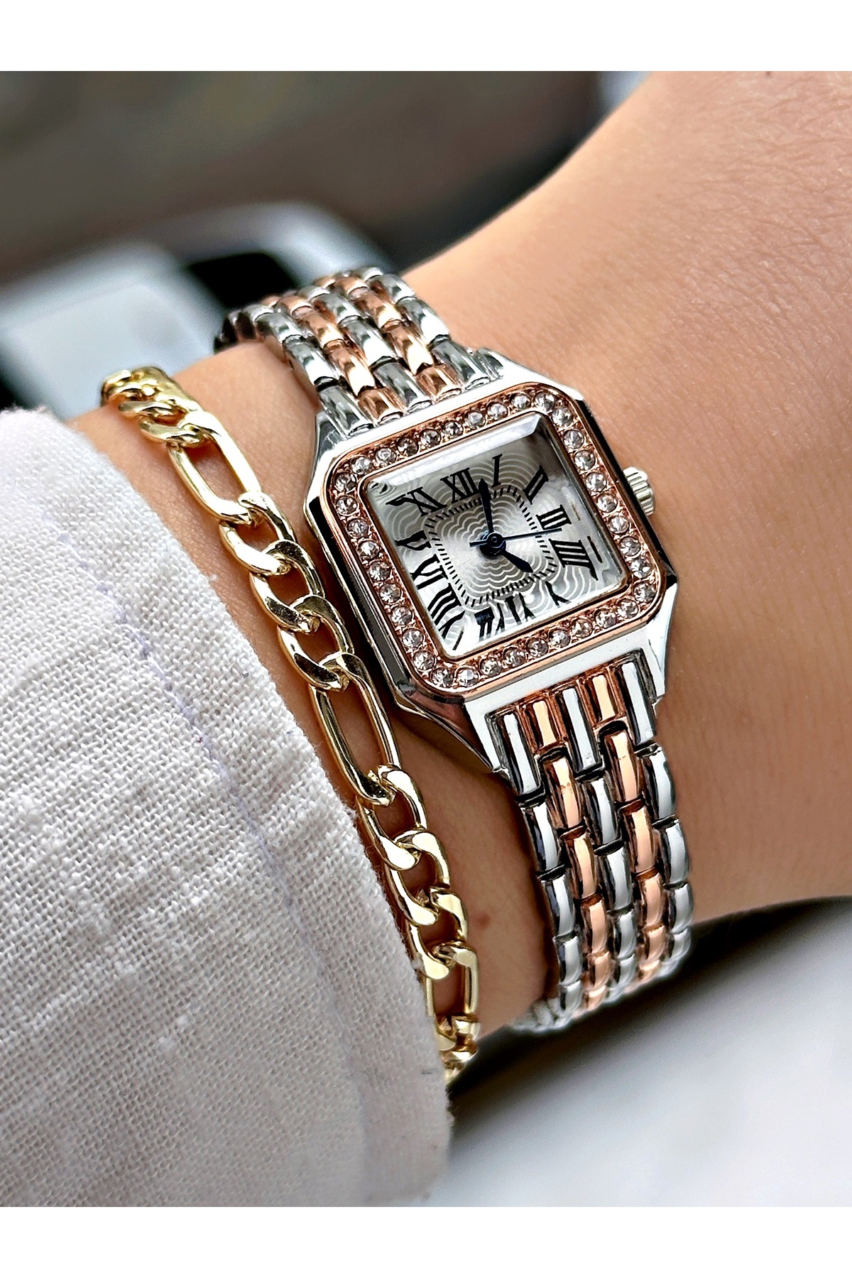 Taşlı Minimal Kare Lüks Roma Rakamlı Metal Kordon Kadın Kol Saati-Bileklik hediyeli