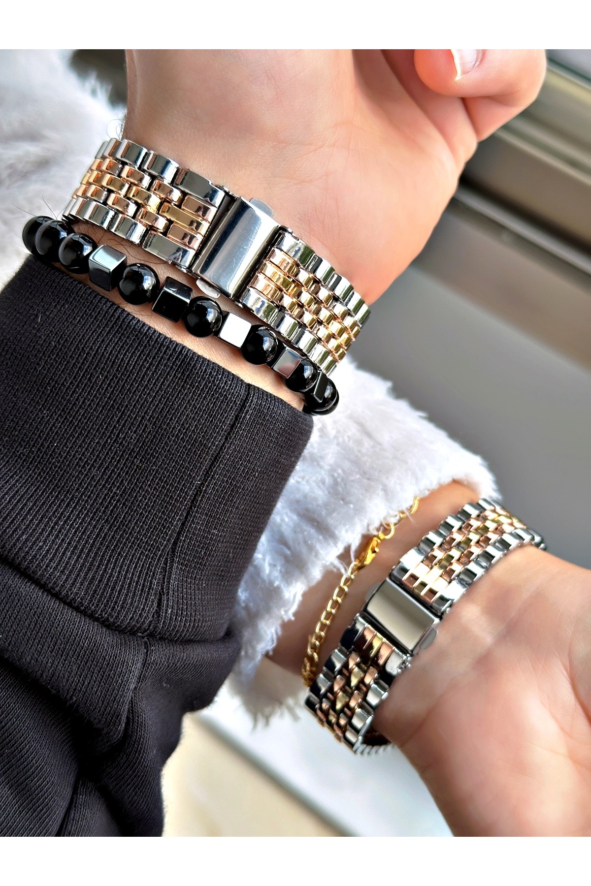 Özel Seri Full Metal Kordon Roma Rakamlı Çift Kol Saati-Bileklik hediyeli