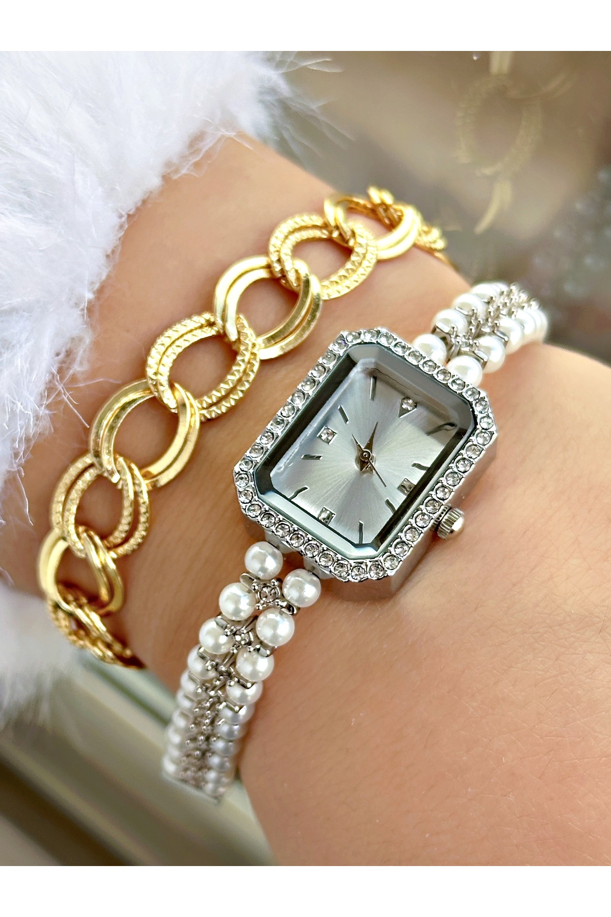 Lüks Tasarım Özel İnci Kare Vintage Modeli Metal Kordon Kadın Kol Saati-Bileklik Hediyeli