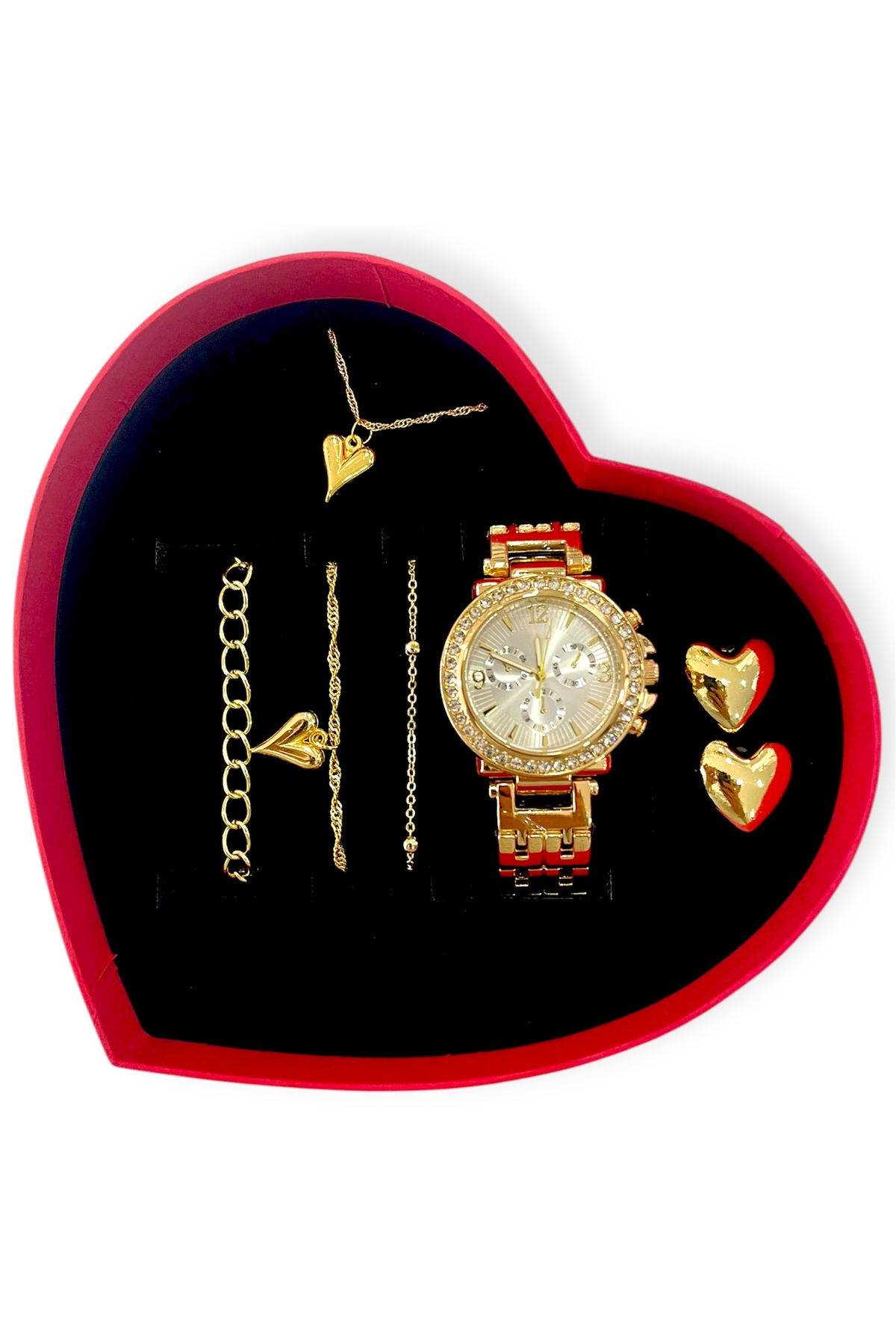 Özel Tasarım Kalpli Kutulu Kalpli Bileklikli ve Kolyeli Taşlı Lüks Seri Metal Kadın Kol Saati Seti