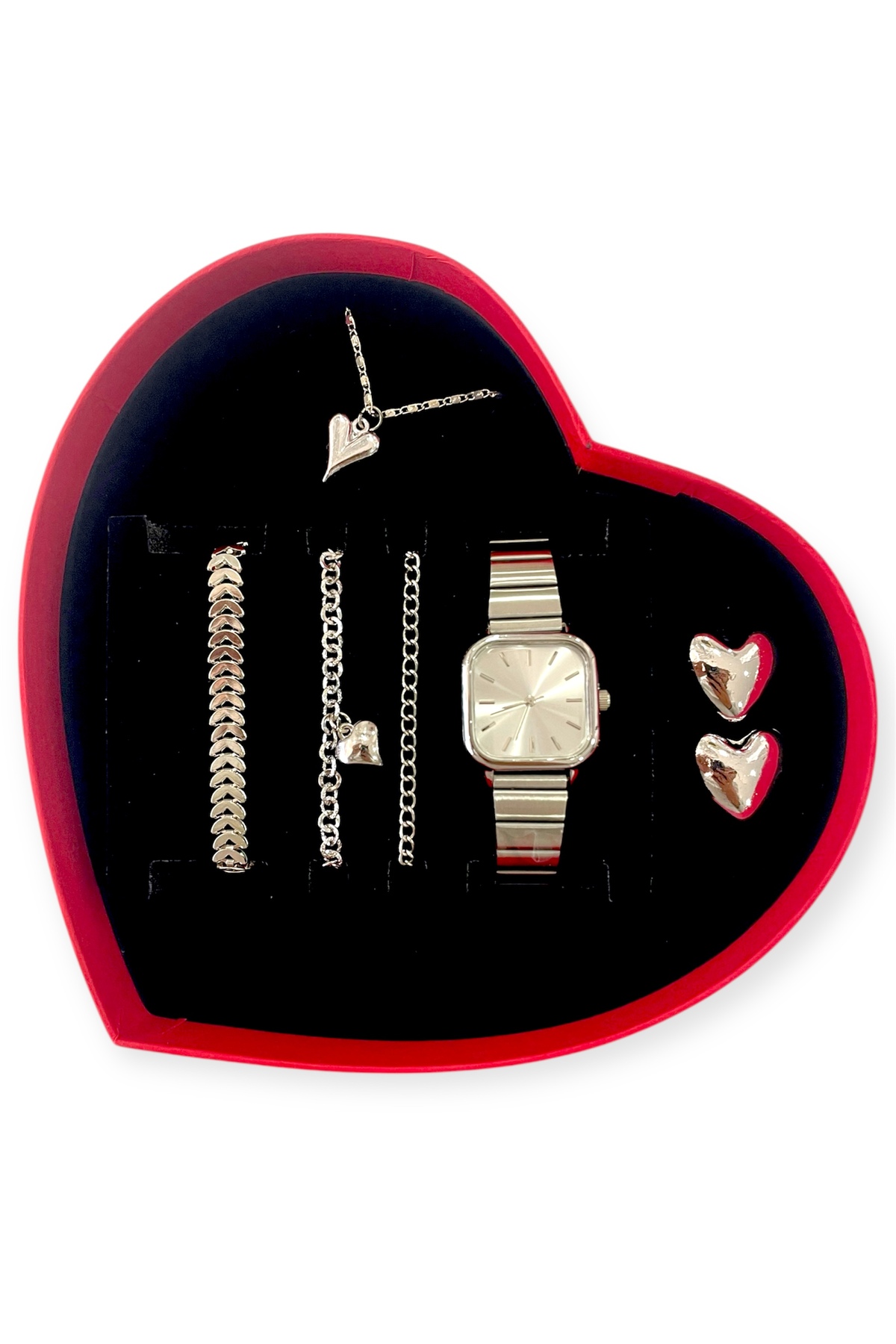 Özel Kalpli Kutulu Kalpli Bileklikli ve Kalpli Kolyeli Özel Tasarımlı Kordon Kadın Kol Saati Seti