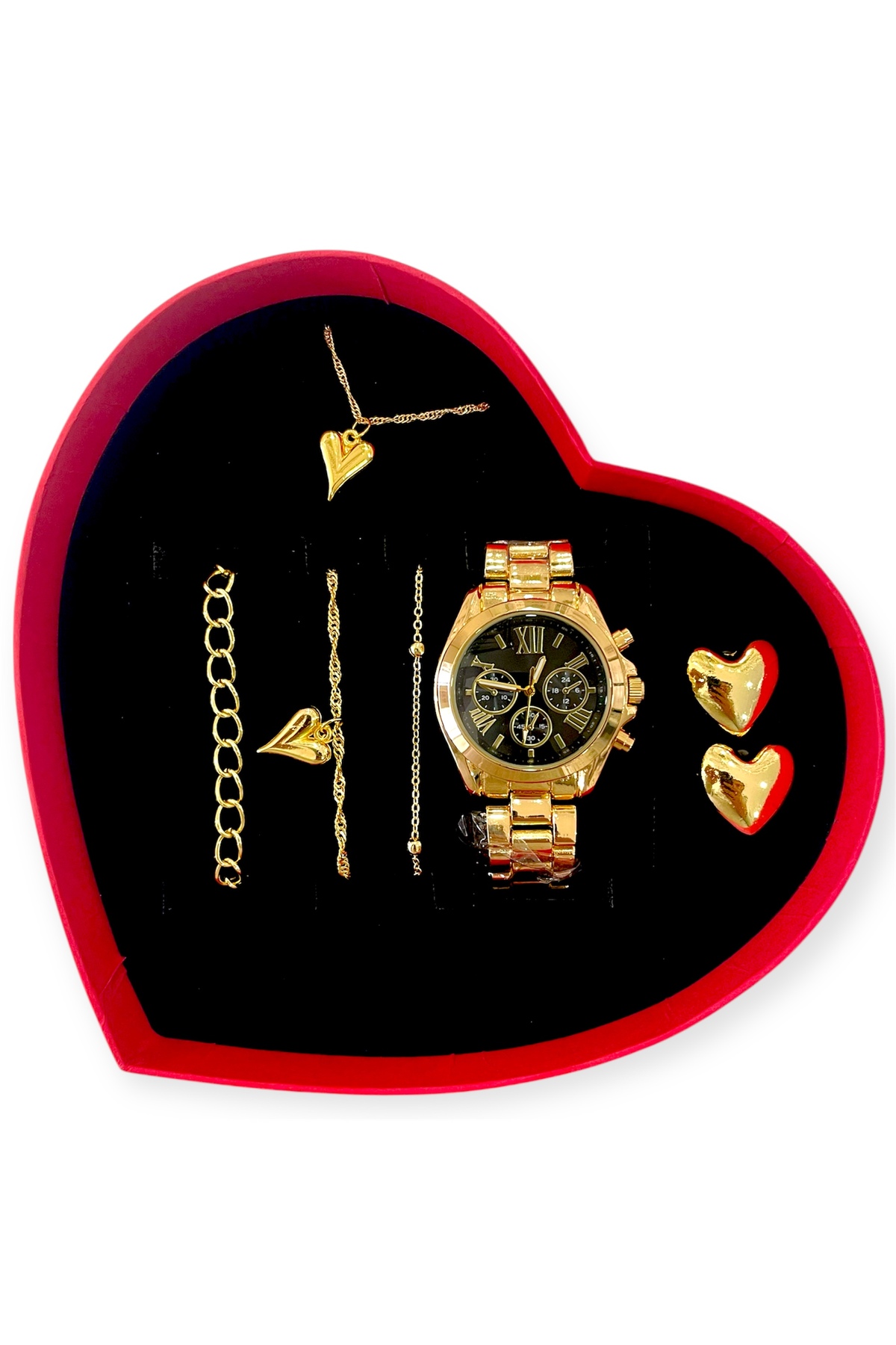 Lüks Özel Kalpli Kutulu Kalpli Bileklikli ve Kalpli Kolyeli Roma Rakamlı Kadın Kol Saati Seti