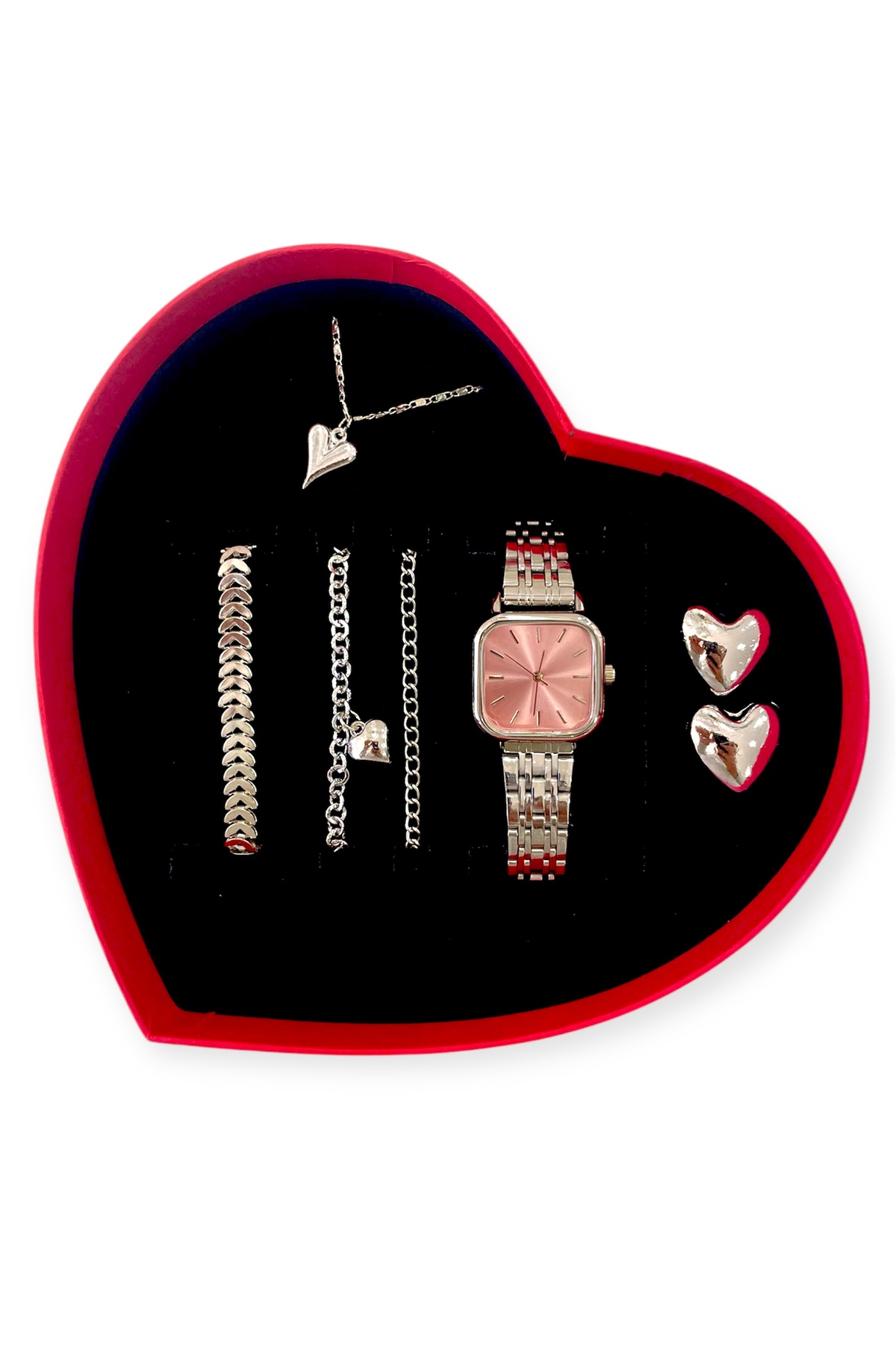 Lüks Kalpli Kutulu Kalpli Bileklikli ve Kalpli Kolyeli Metal Kordon Classic Kadın Kol Saati Seti