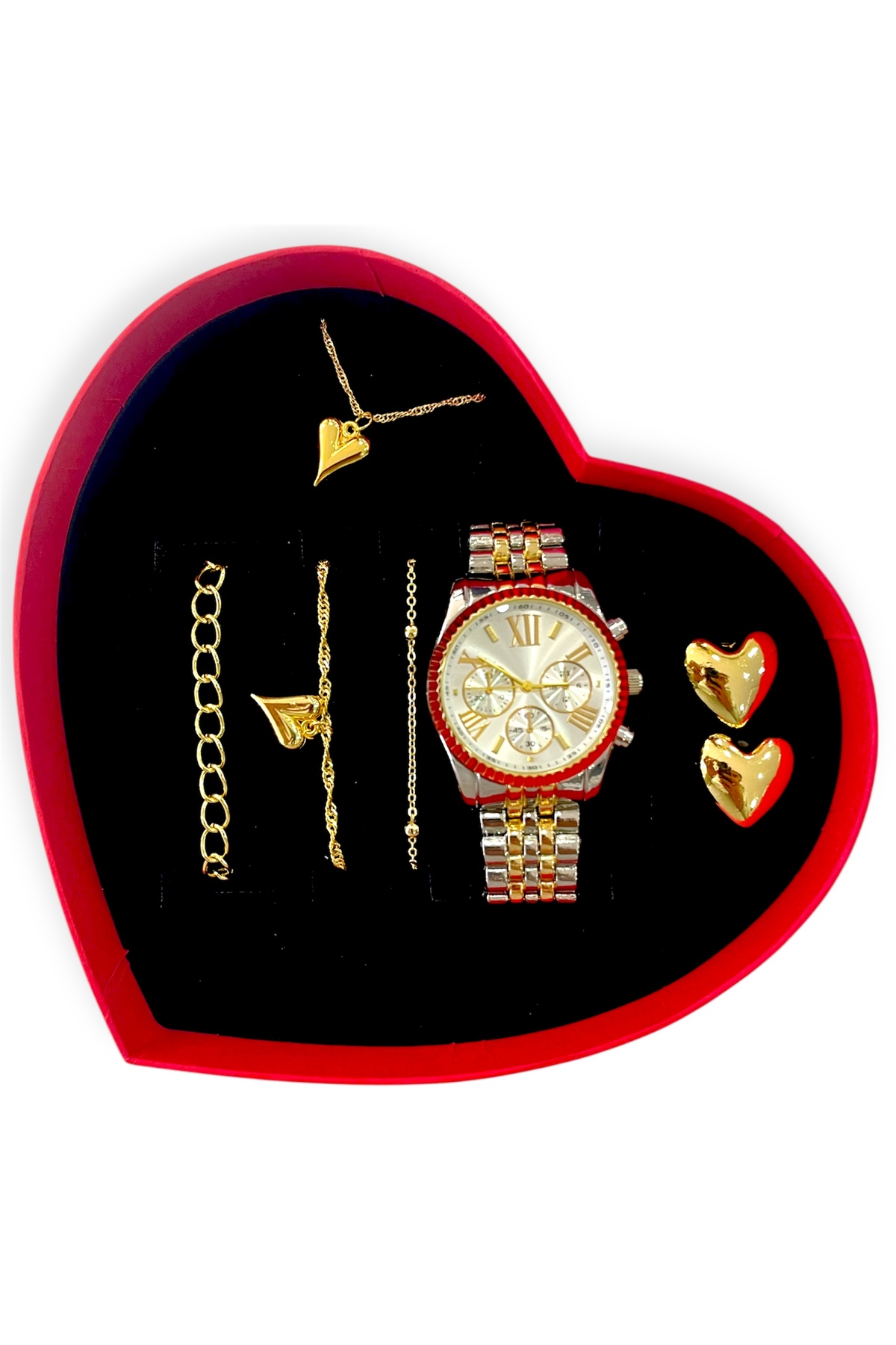Lüks Özel Kalpli Kutulu Kalpli Bileklikli ve Kalpli Kolyeli Metal Kordon Series Kadın Kol Saati Seti