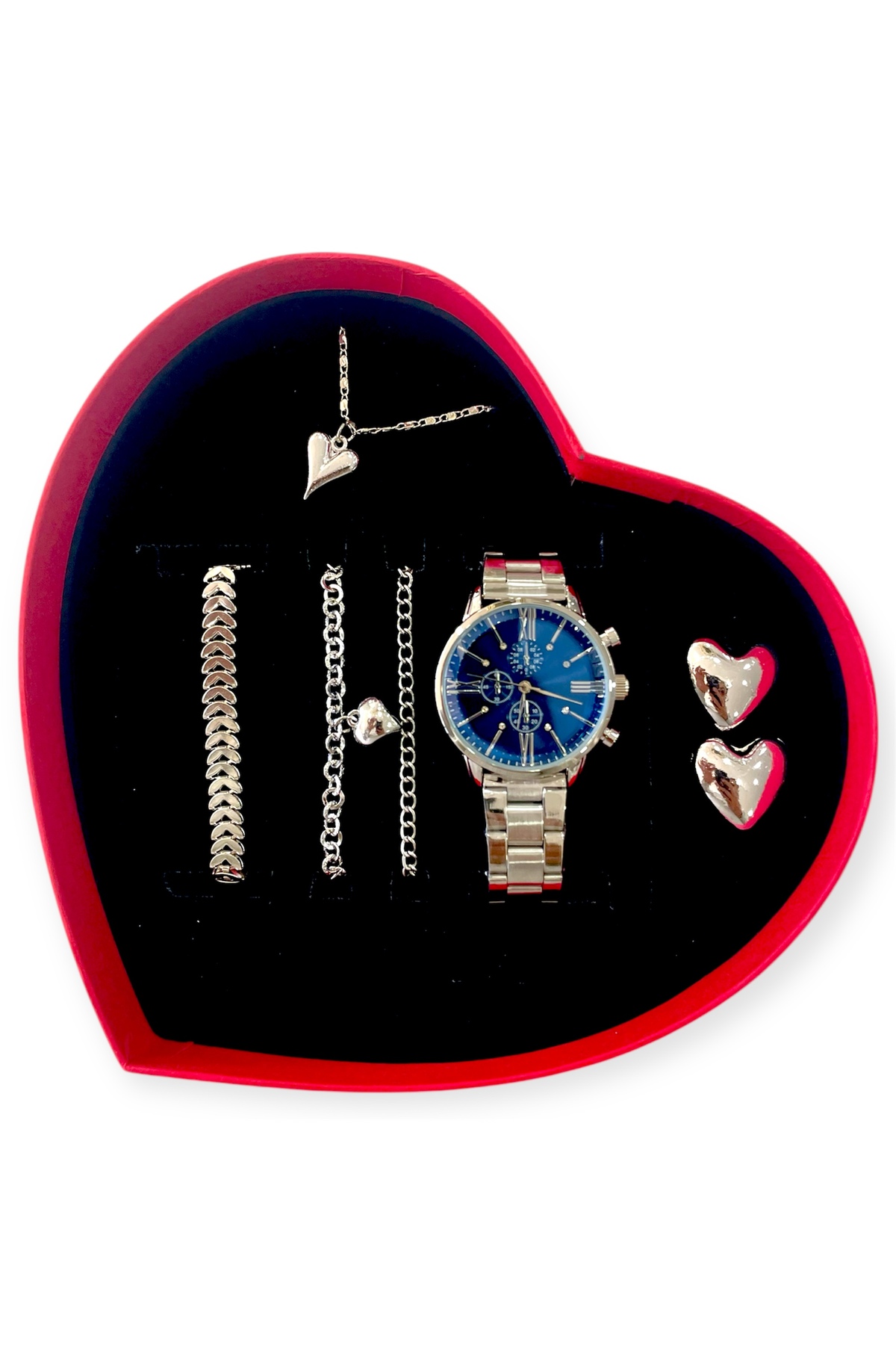 Lüks Classic Kadın Kalpli Kutulu Kalpli Bileklikli ve Kalpli Kolyeli Metal Kordon Kol Saati Seti