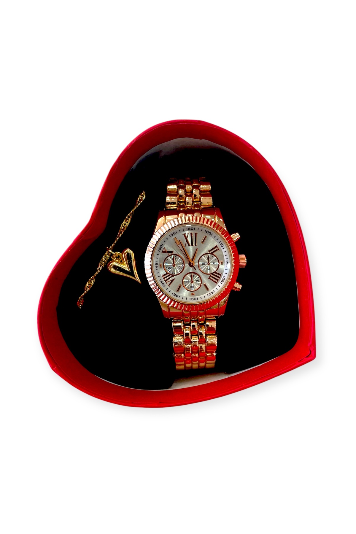 Premium Serisi Kalpli Kutulu Kalpli Bileklikli Özel Tasarım Metal Kordon Kadın Kol Saati Seti