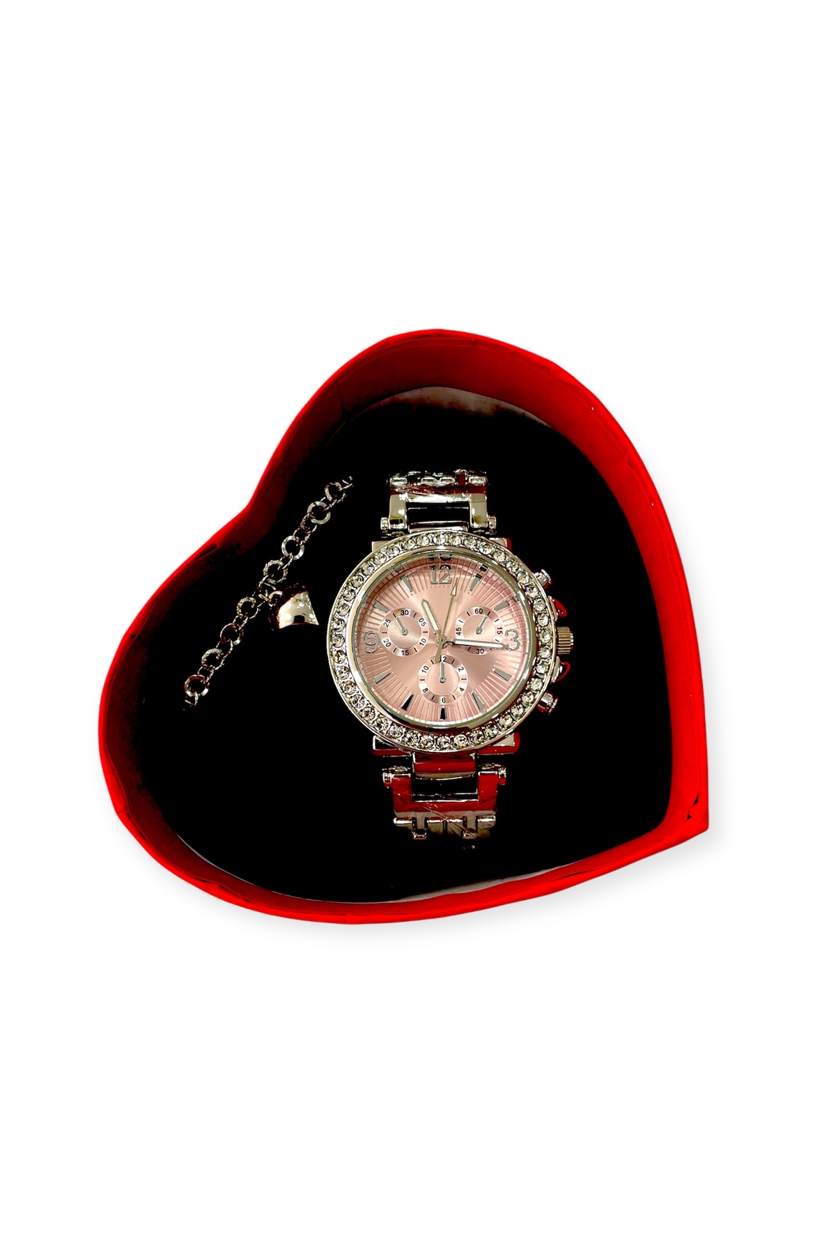 Lüks Grande Tasarım Kalpli Kutulu Kalpli Bileklikli Taşlı Özel Tasarım Kadın Kol Saati Seti