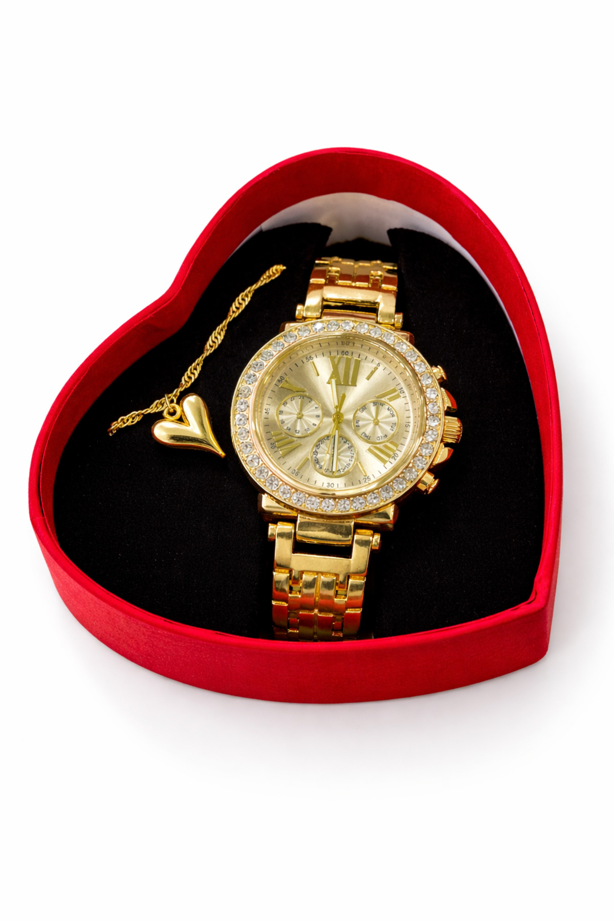 Premium Serisi Kalpli Kutulu Kalpli Bileklikli Özel Tasarım Taşlı Roma Rakamlı Kadın Kol Saati Seti