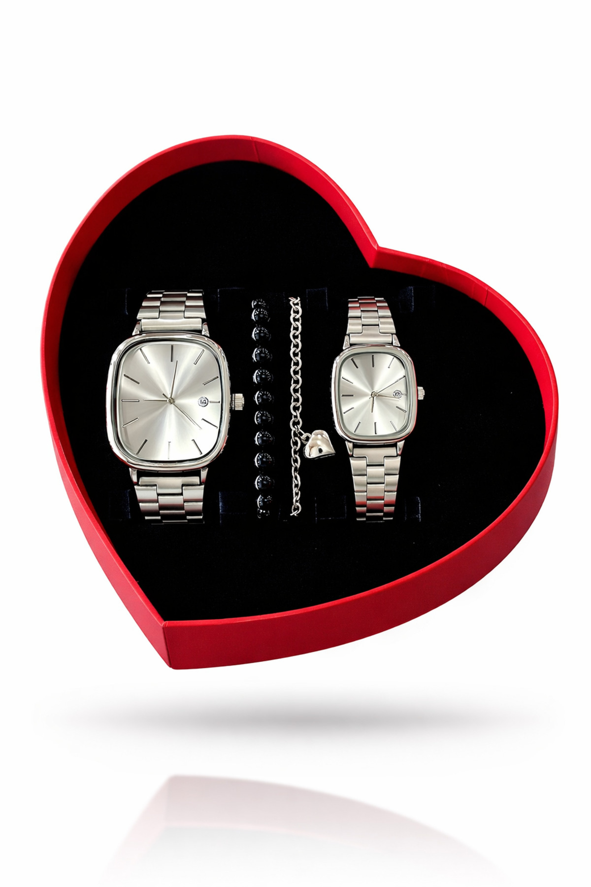 Premium Serisi Kalpli Kutulu Özel Tasarım Lüks Erkek ve Kadın Çift Kol Saati Seti -Bileklik Hediyeli
