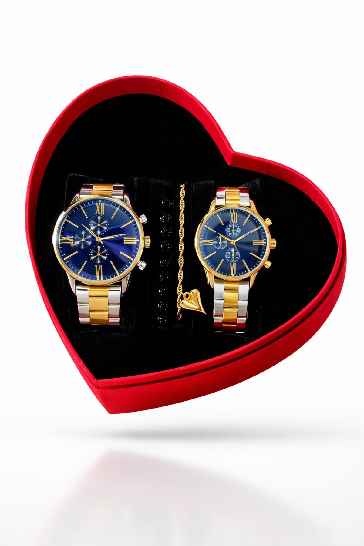Grande Özel Kalpli Kutulu Özel Tasarım Lüks Erkek ve Kadın Çift Kol Saati Seti -Bileklik Hediyeli
