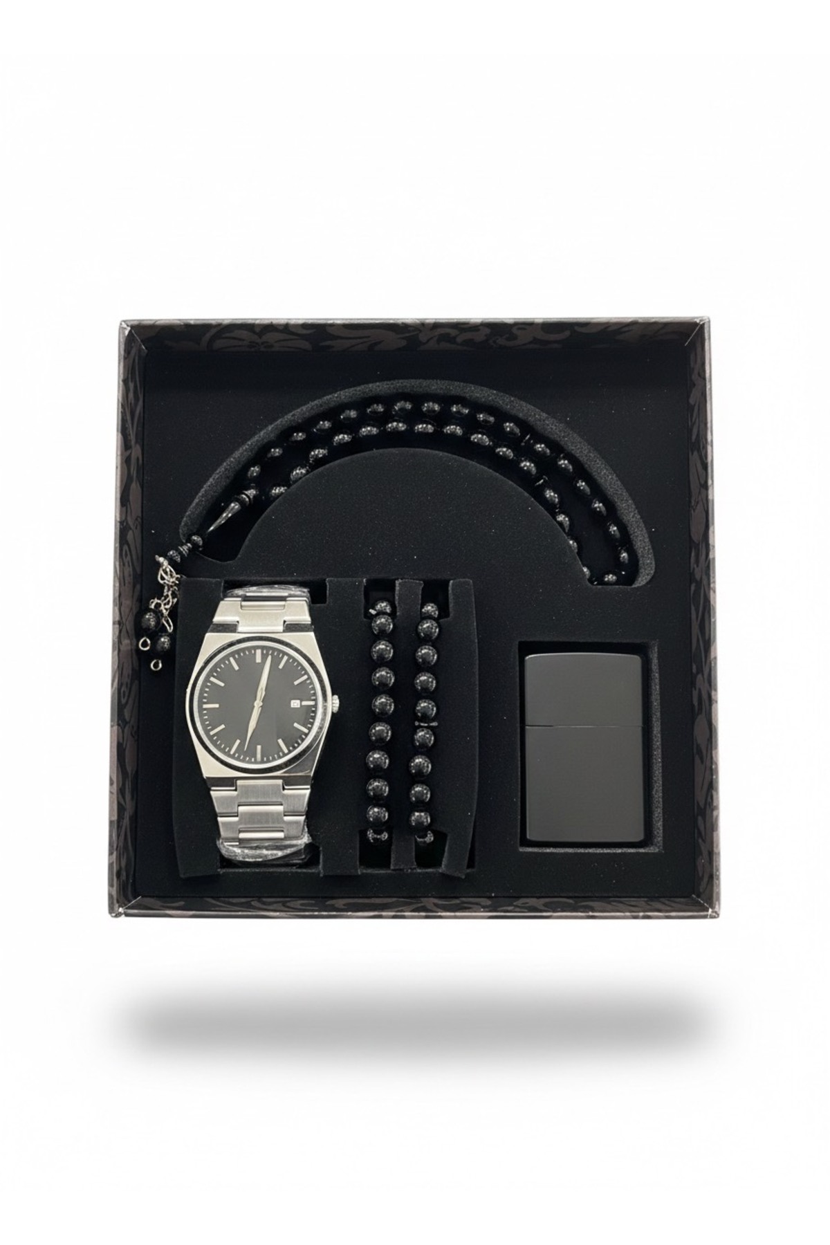 Özel Tasarım Exclusive Serisi Kutulu Çakmak Bileklik Tesbih Ve Metal Kordon Erkek Kol Saati Seti