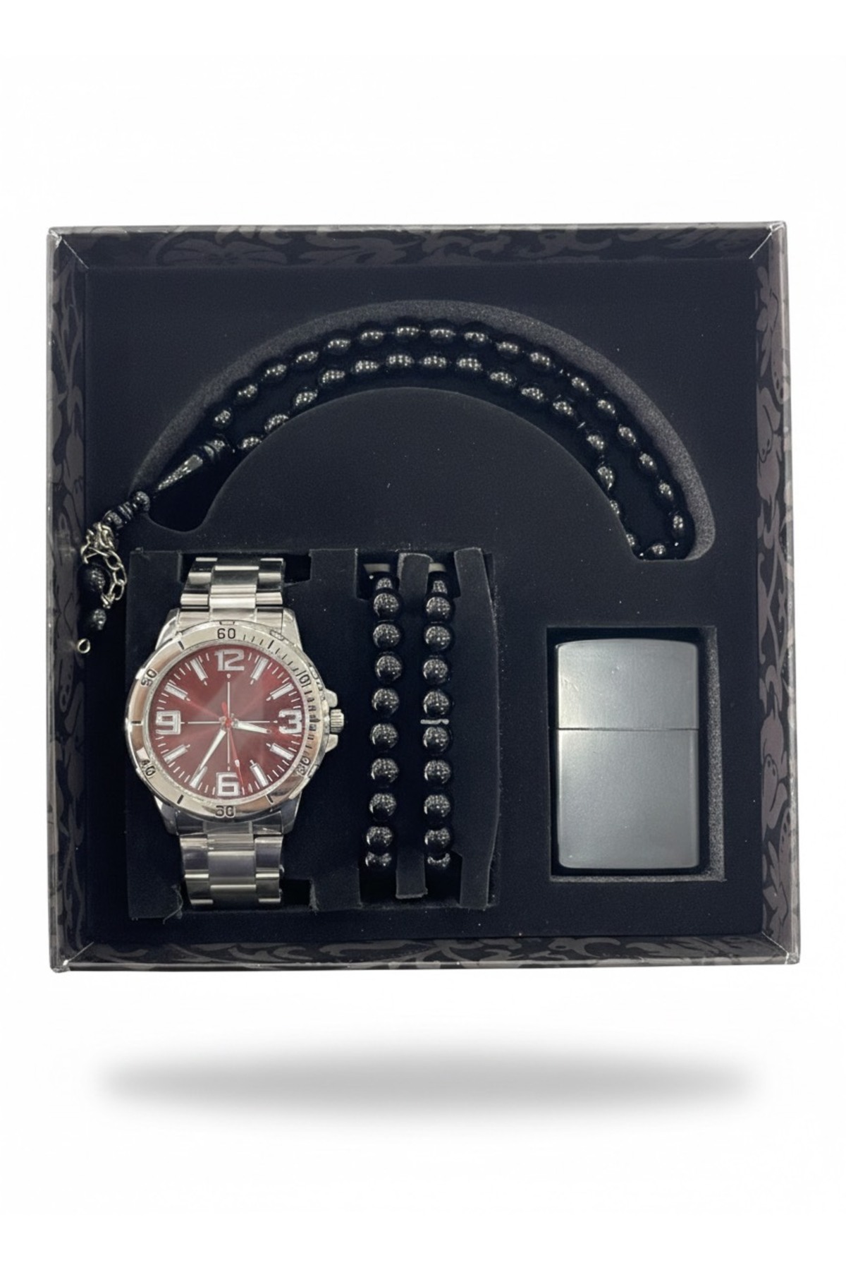 Lüks Serisi Rakamlı Tasarım Kutulu Çakmak Bileklik Tesbih Ve Metal Kordon Takvimli Erkek Saat Seti