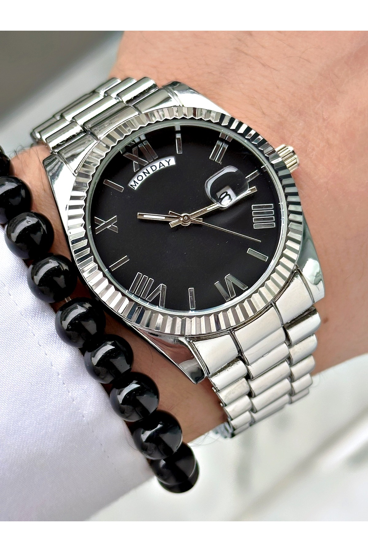 Premium Tasarım Grande Lüks Seri Metal Kordon Çift Takvimli Erkek Kol Saati-Bileklik Hediyeli hover