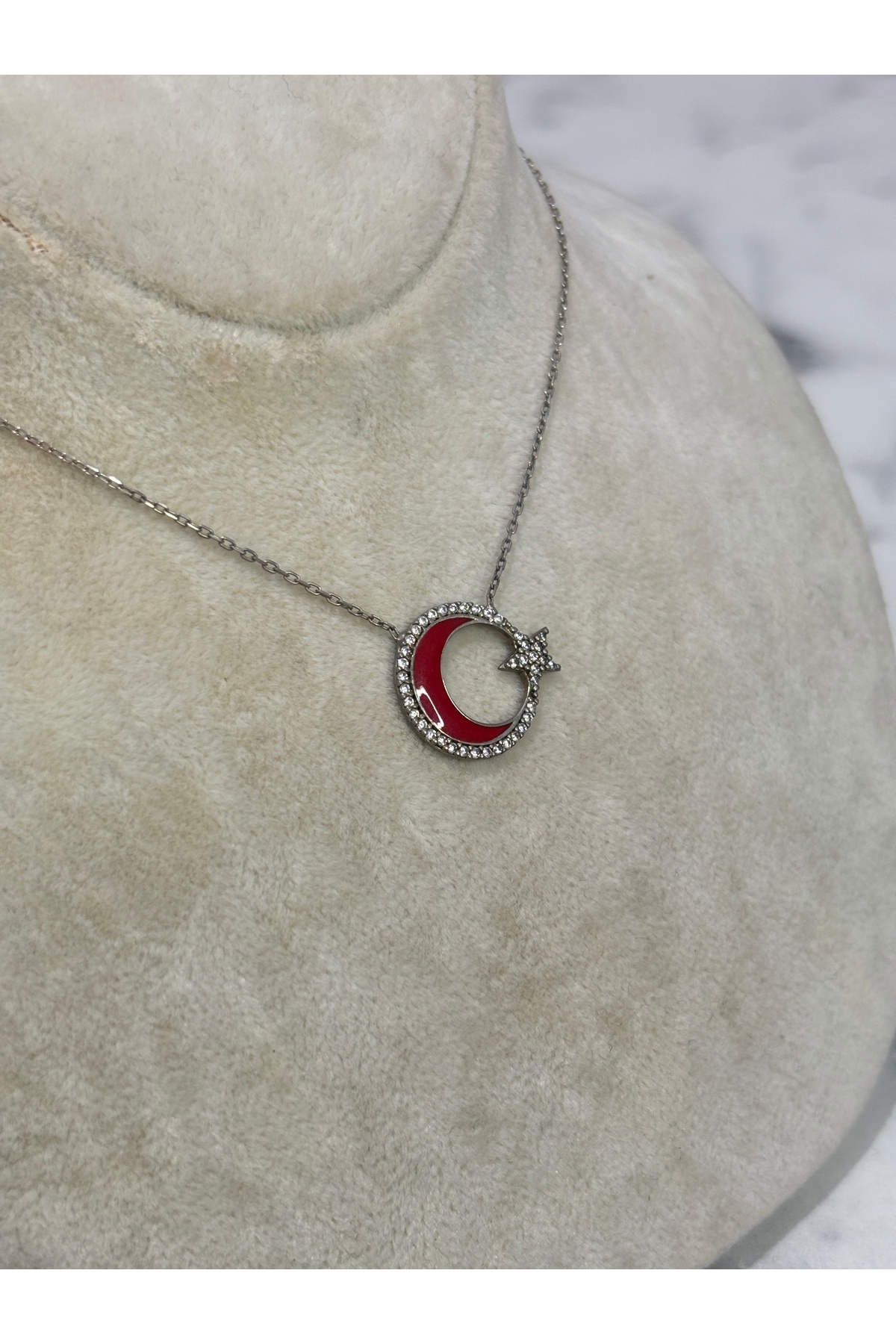 925 Ayar Gümüş Taşlı Ay Yıldız Modeli Gümüş Kolye