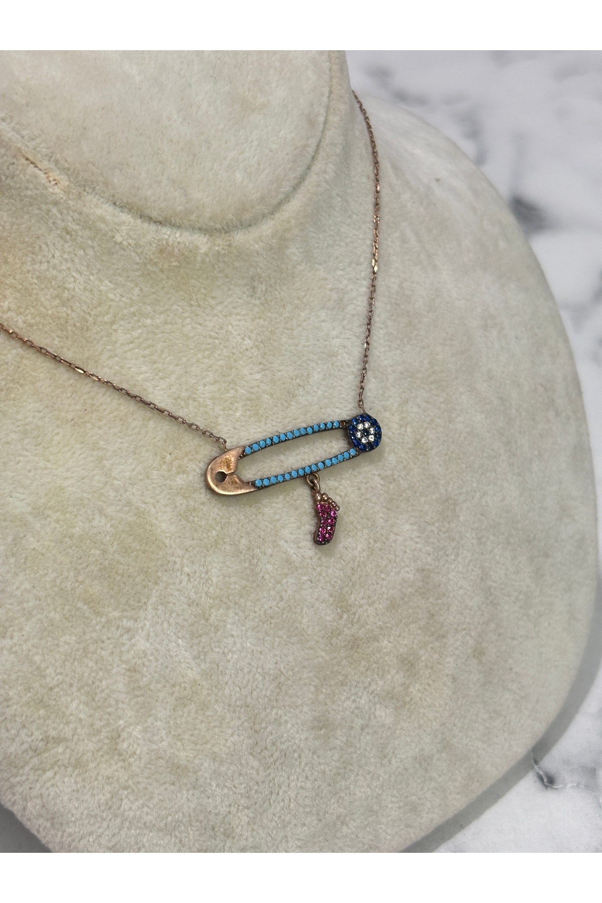 925 Ayar Gümüş Rose Gold Nazar İğne Modeli Gümüş Kolye