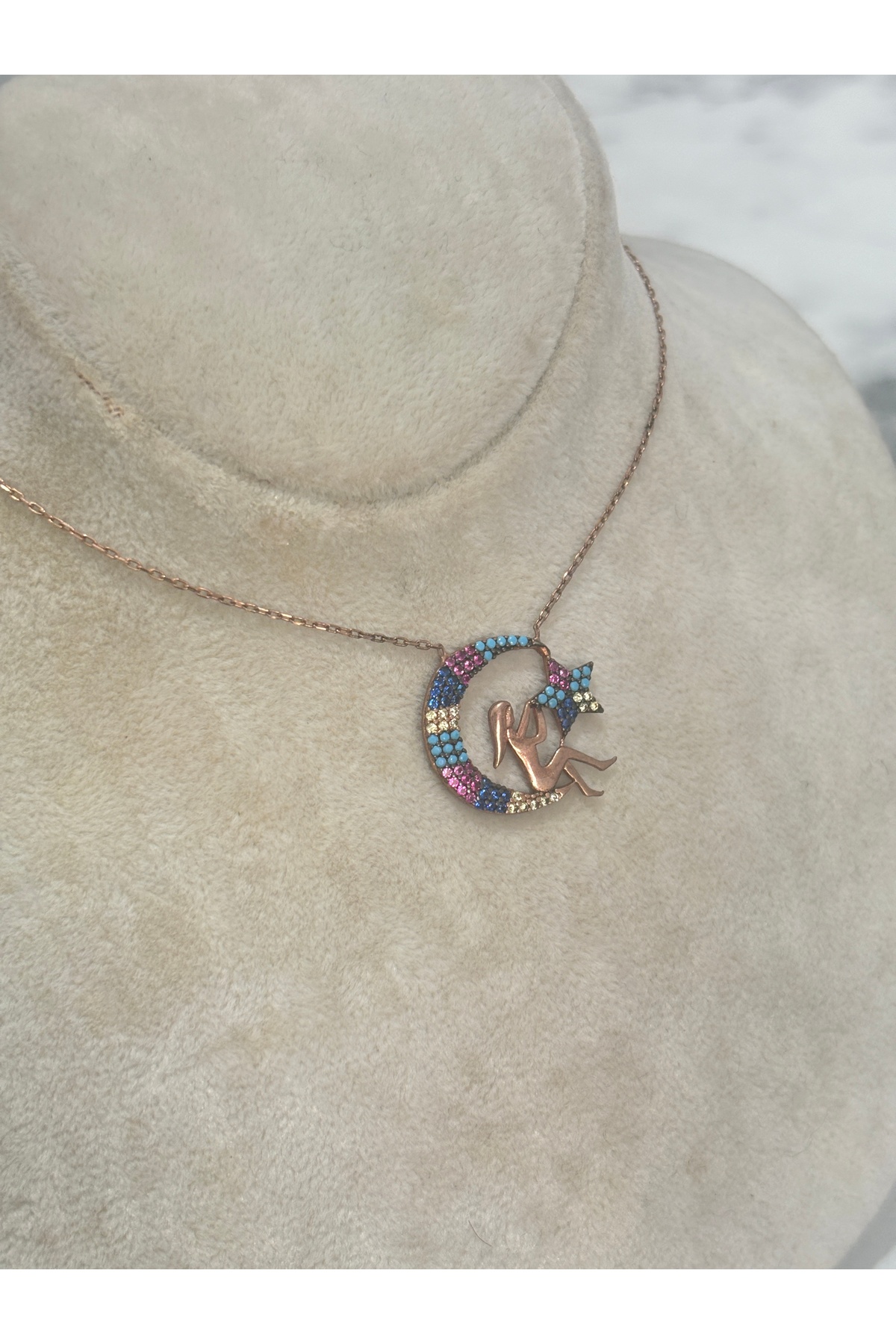 925 Ayar Gümüş Rose Gold Ay Yıldız Taşlı Modeli Gümüş Kolye