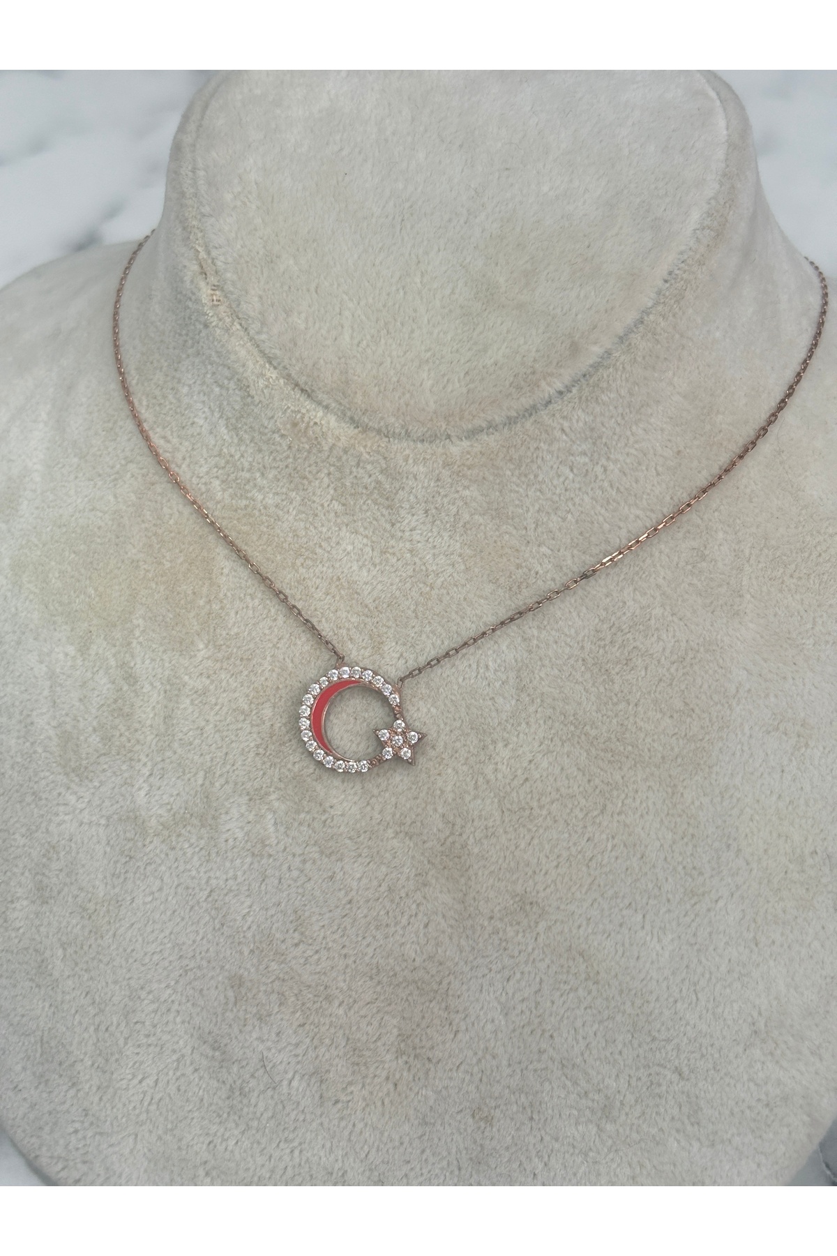 925 Ayar Gümüş Taşlı Rose Gold Ay Yıldız Modeli Gümüş Kolye