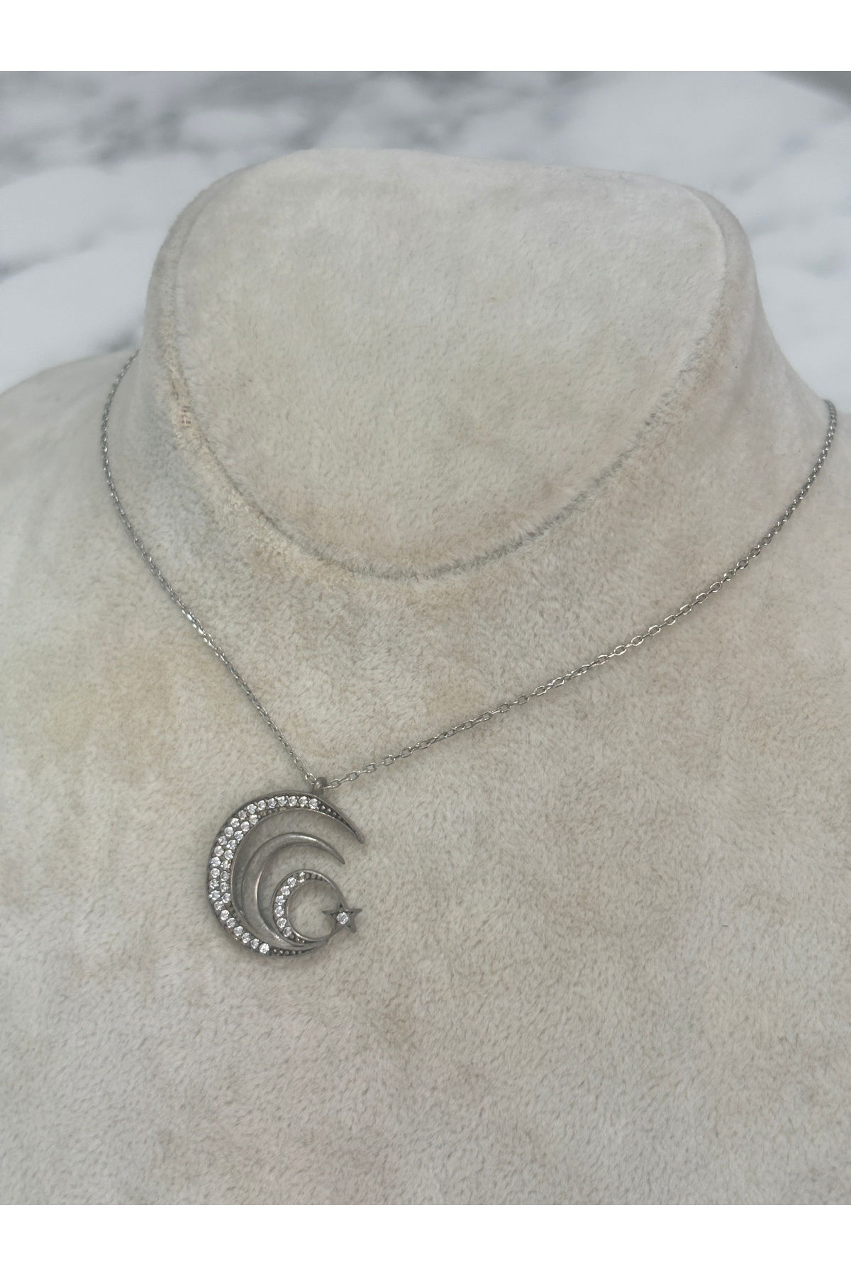 925 Ayar Gümüş Taşlı  Ay Yıldız Modeli Gümüş Kolye