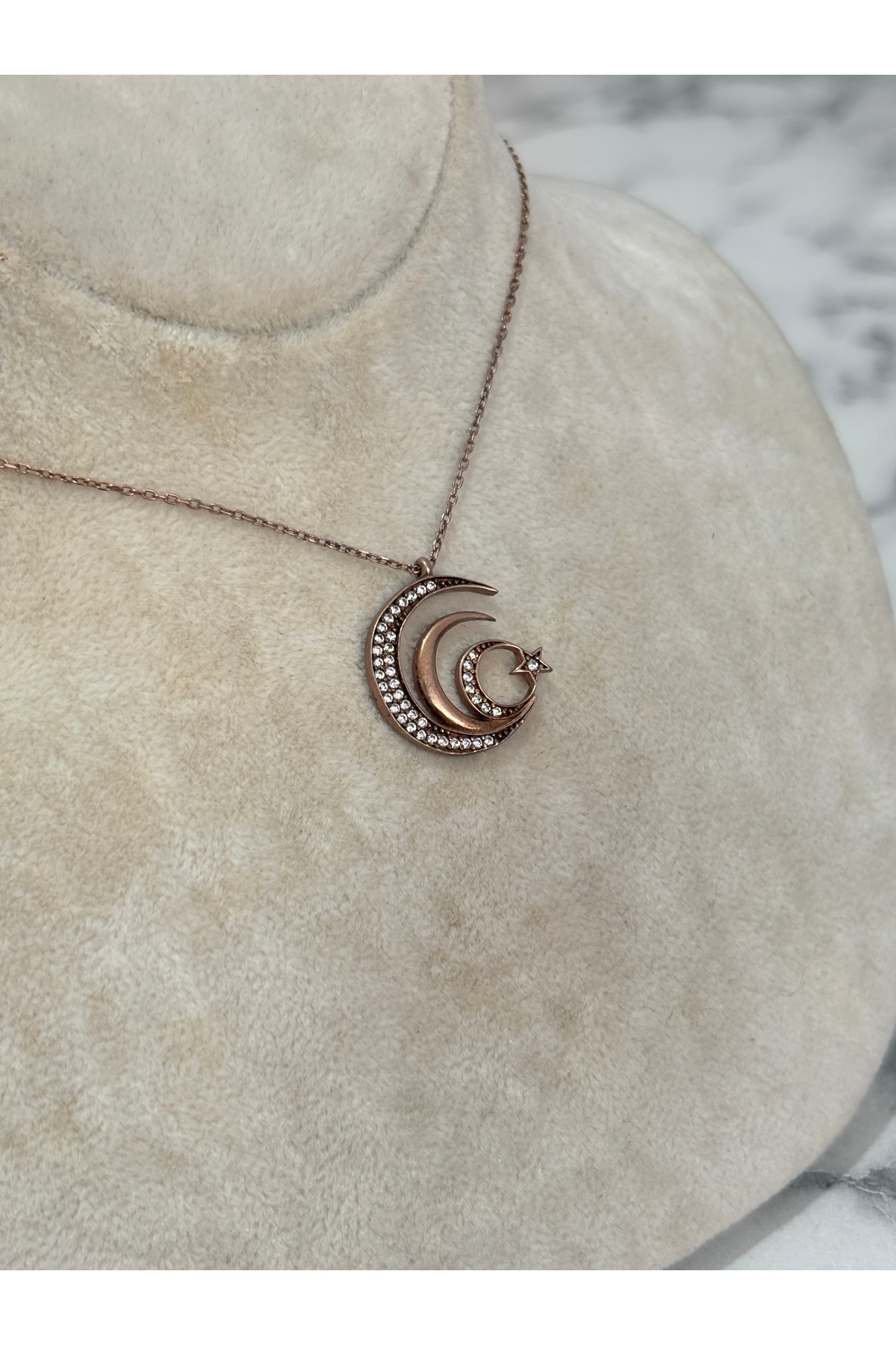 925 Ayar Gümüş Taşlı Rose Gold Ay Yıldız  Modeli Gümüş Kolye